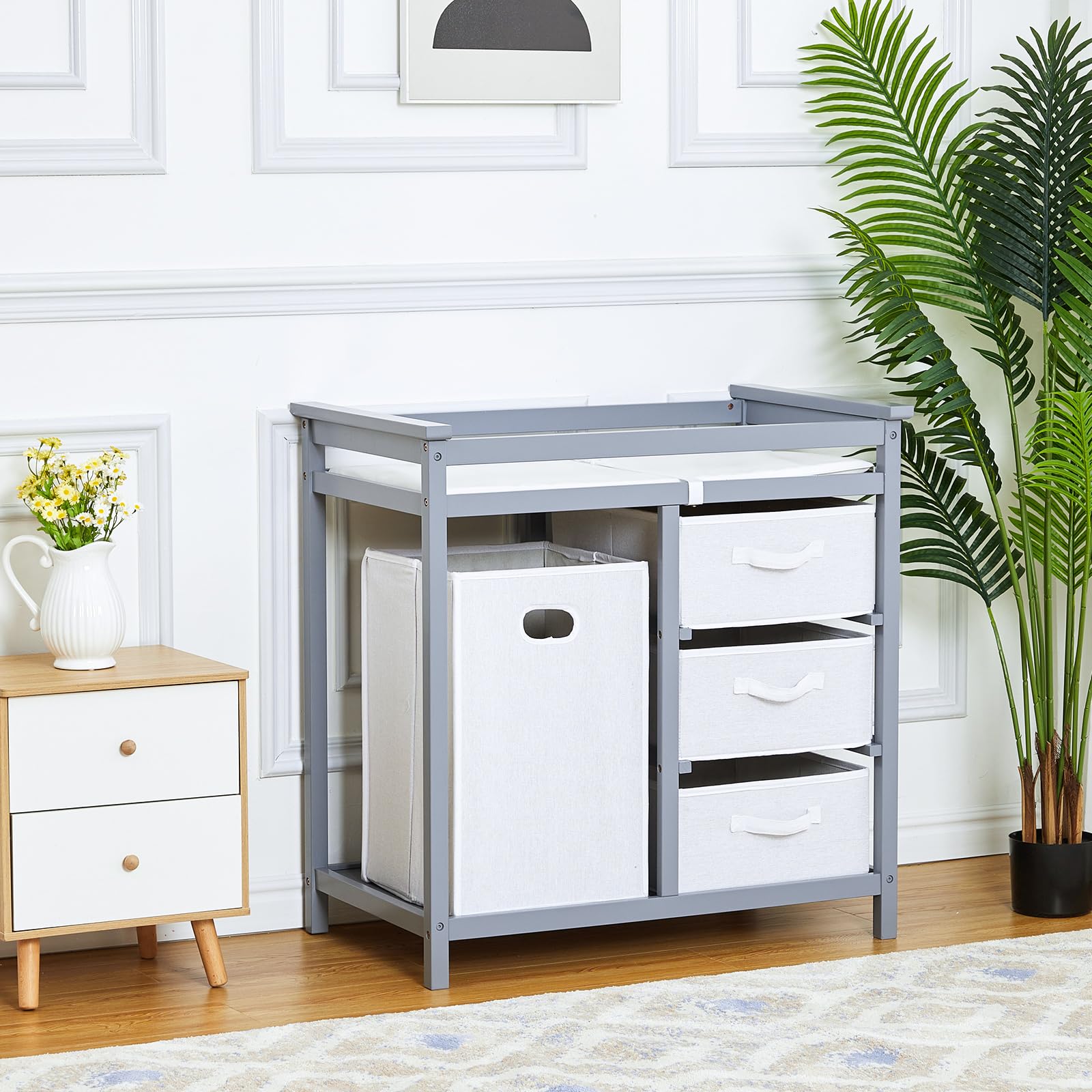 Baby Changing Table with Storage Baskets and Hamper
