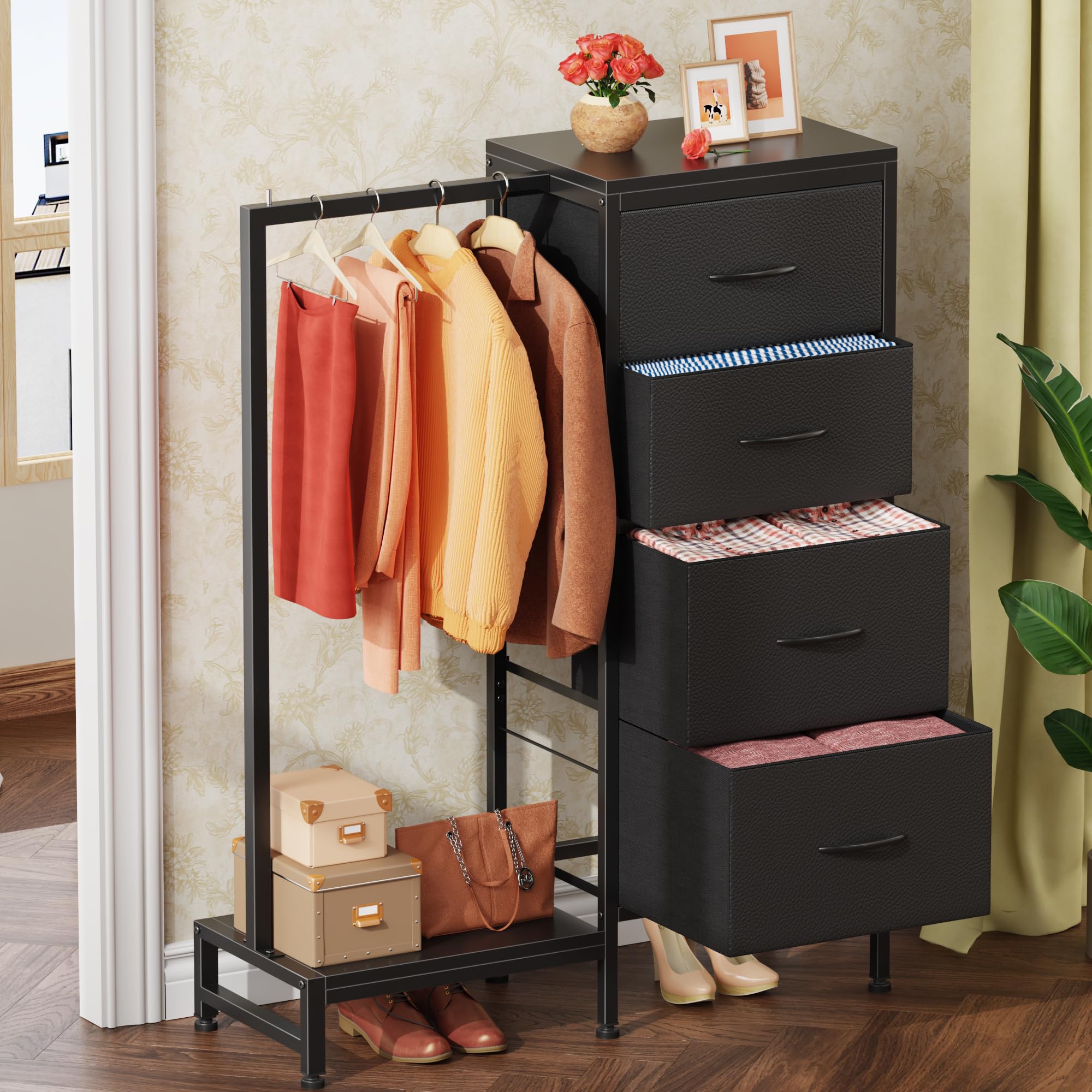 Dresser with Hanging Rack, 4 Drawers Small Closet for Bedroom