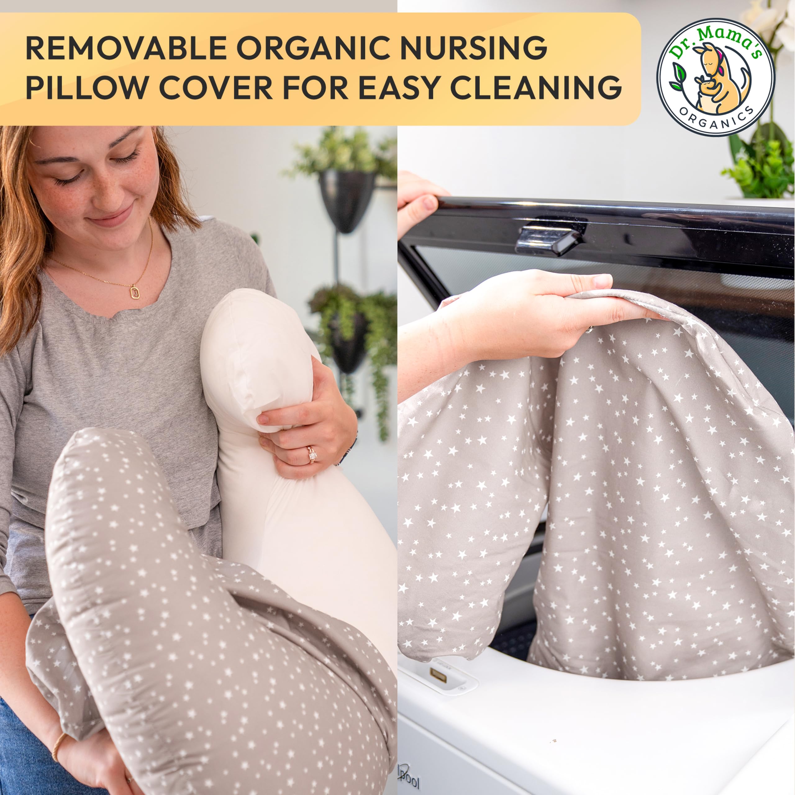 Dr. Mama's Organics Nursing Pillow with Lumbar Support - Ergonomic Design Helps Relieve Back Pain and Arm Fatigue - for Bottle and Breastfeeding - Removable Organic Cotton Cover - Gray