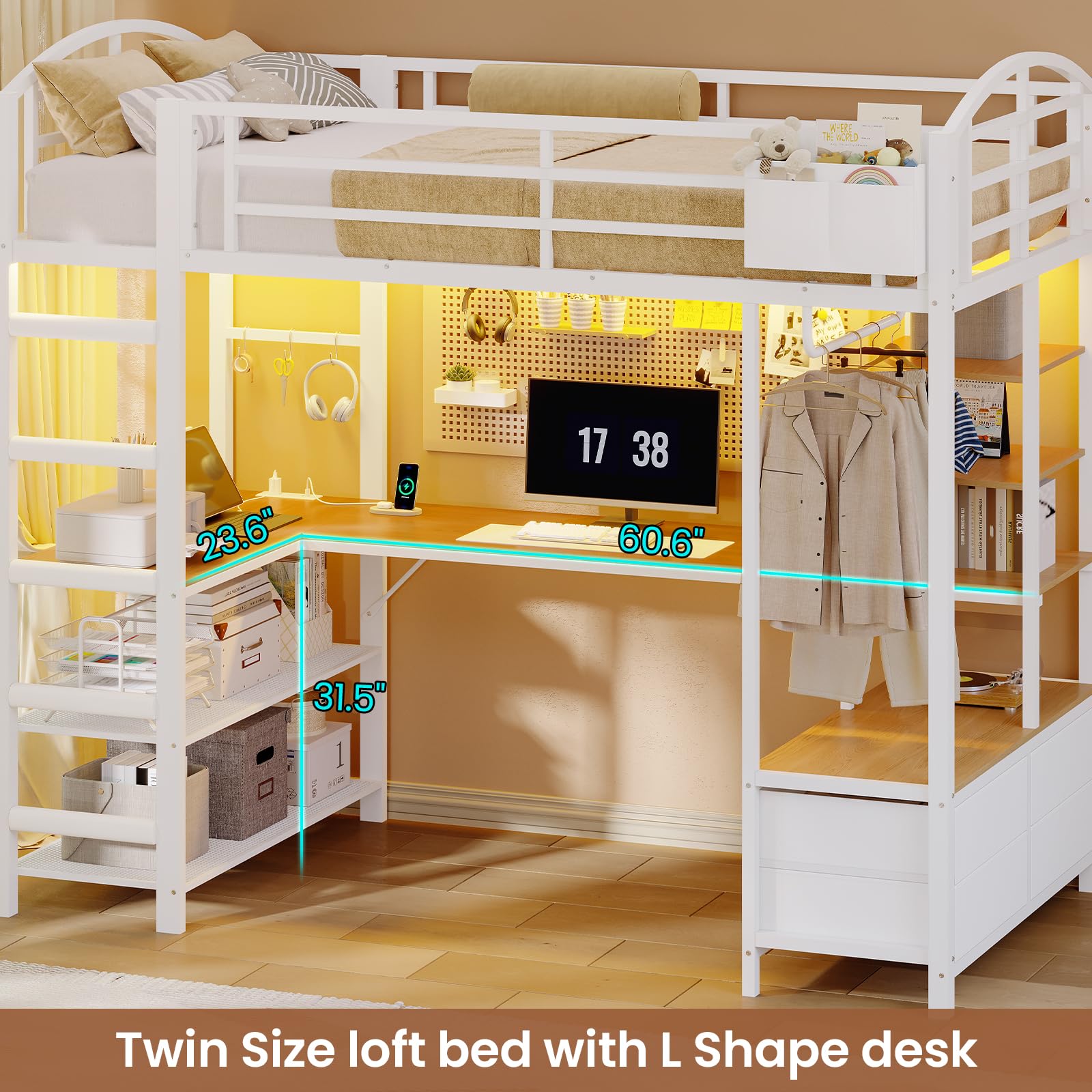 Twin Loft Bed with L-Shaped Desk and LED Lights