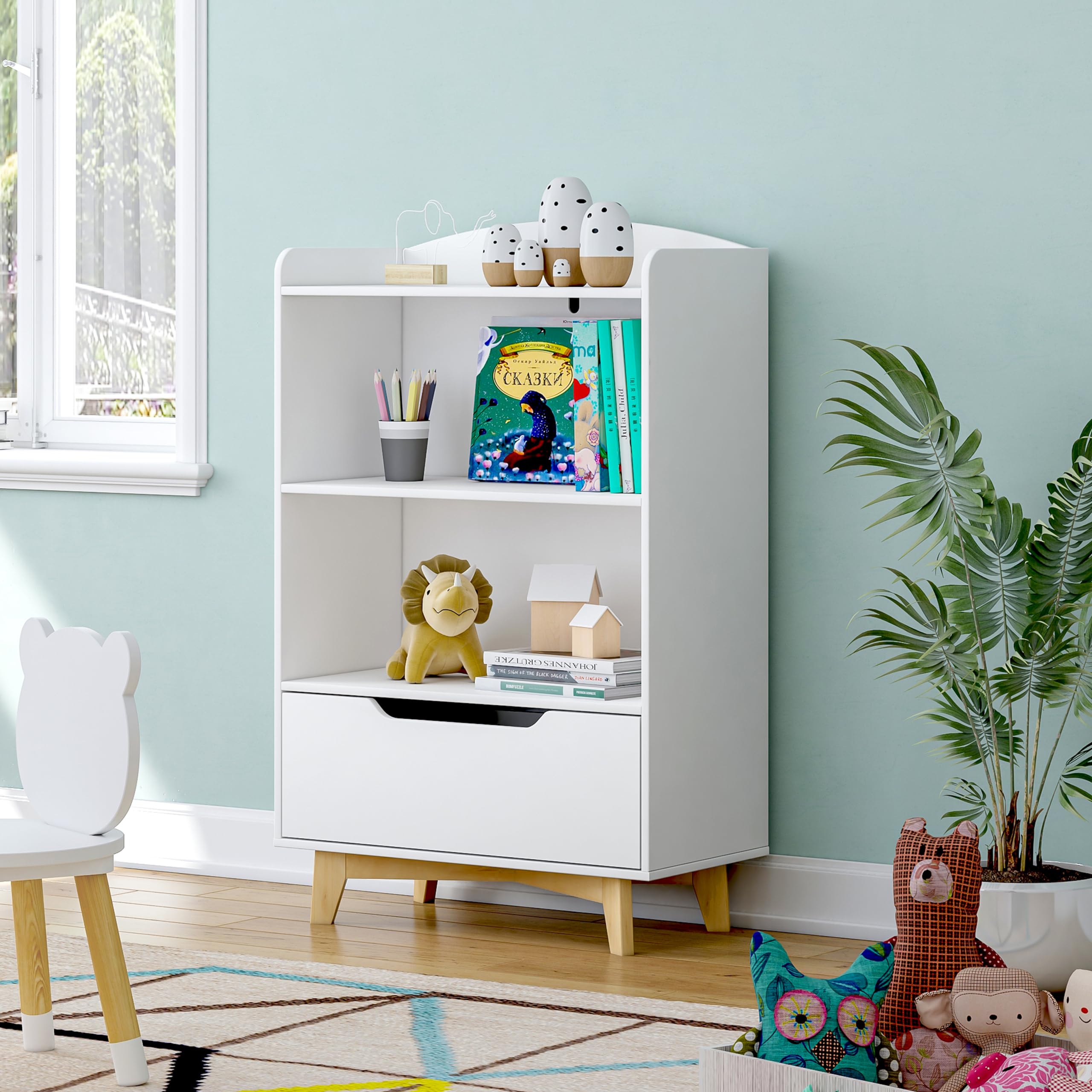 Kids Bookshelf, Children Bookcases with Storage and Drawer