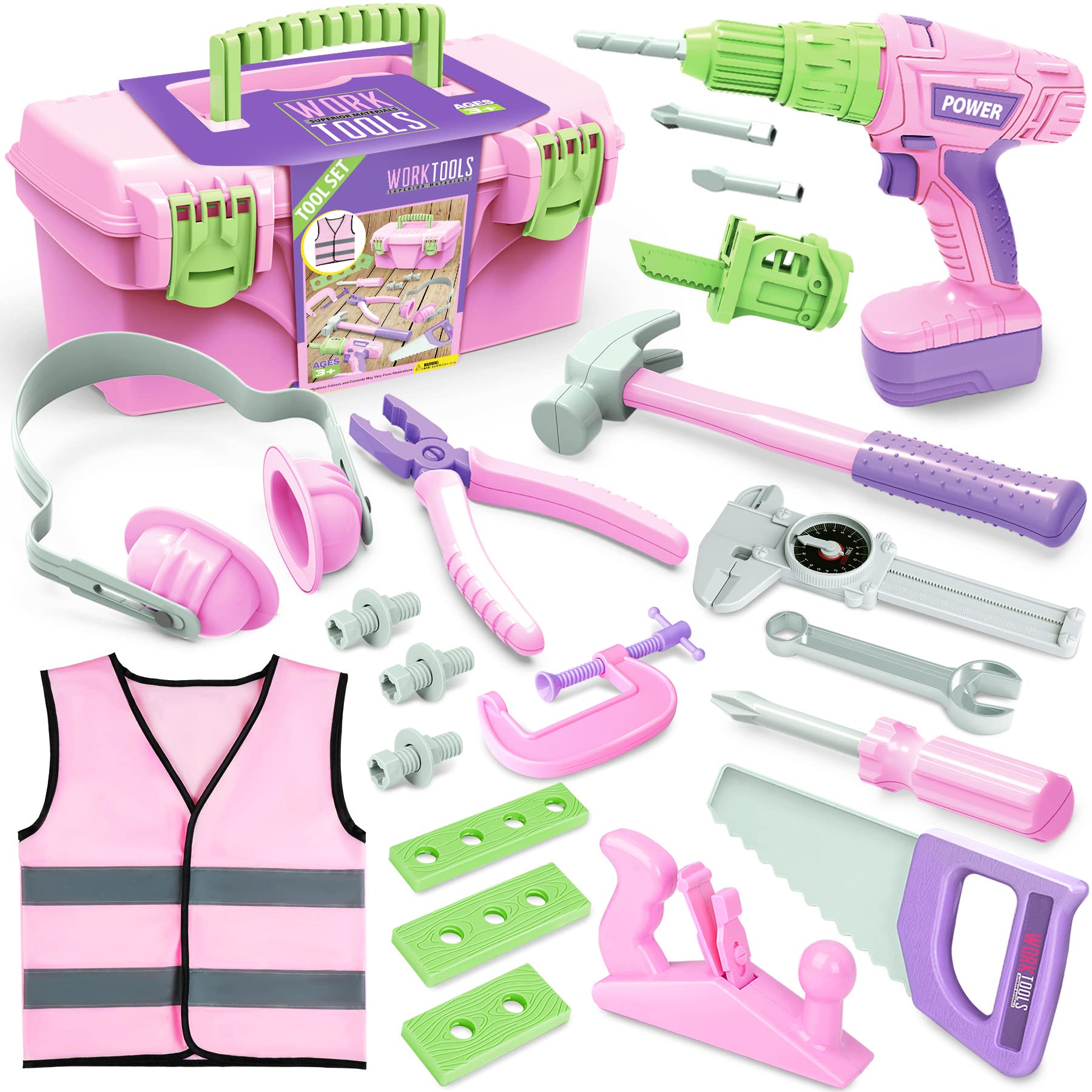 Electric Toy Drill Tool Box for Girls, Pink Toddler Tool Set
