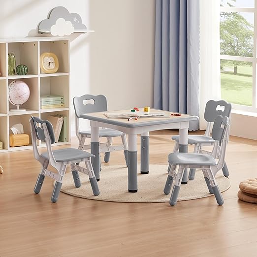 Kids Study Table and Chairs Set, Height Adjustable Toddler Table and Chair