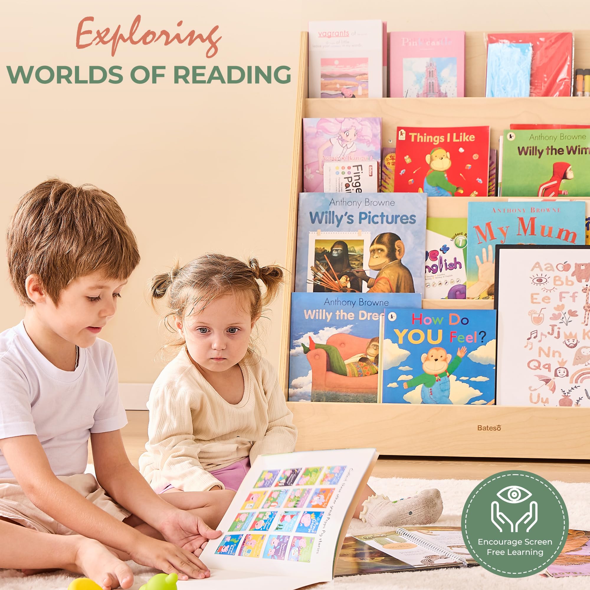 Wooden Montessori Bookshelf for Kids with Storage