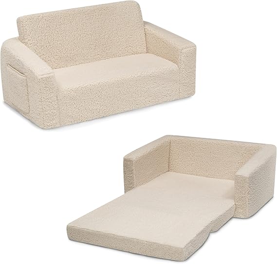Cozee Flip-Out Sherpa 2-in-1 Convertible Sofa to Lounger for Kids, Cream