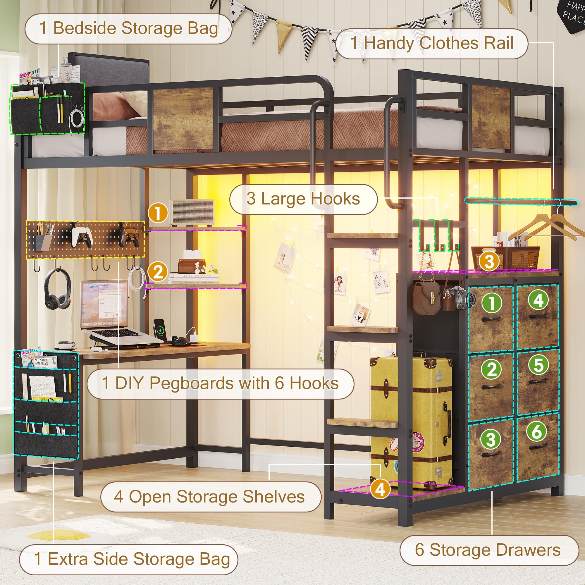 Twin Loft Bed with Desk and Storage Drawers