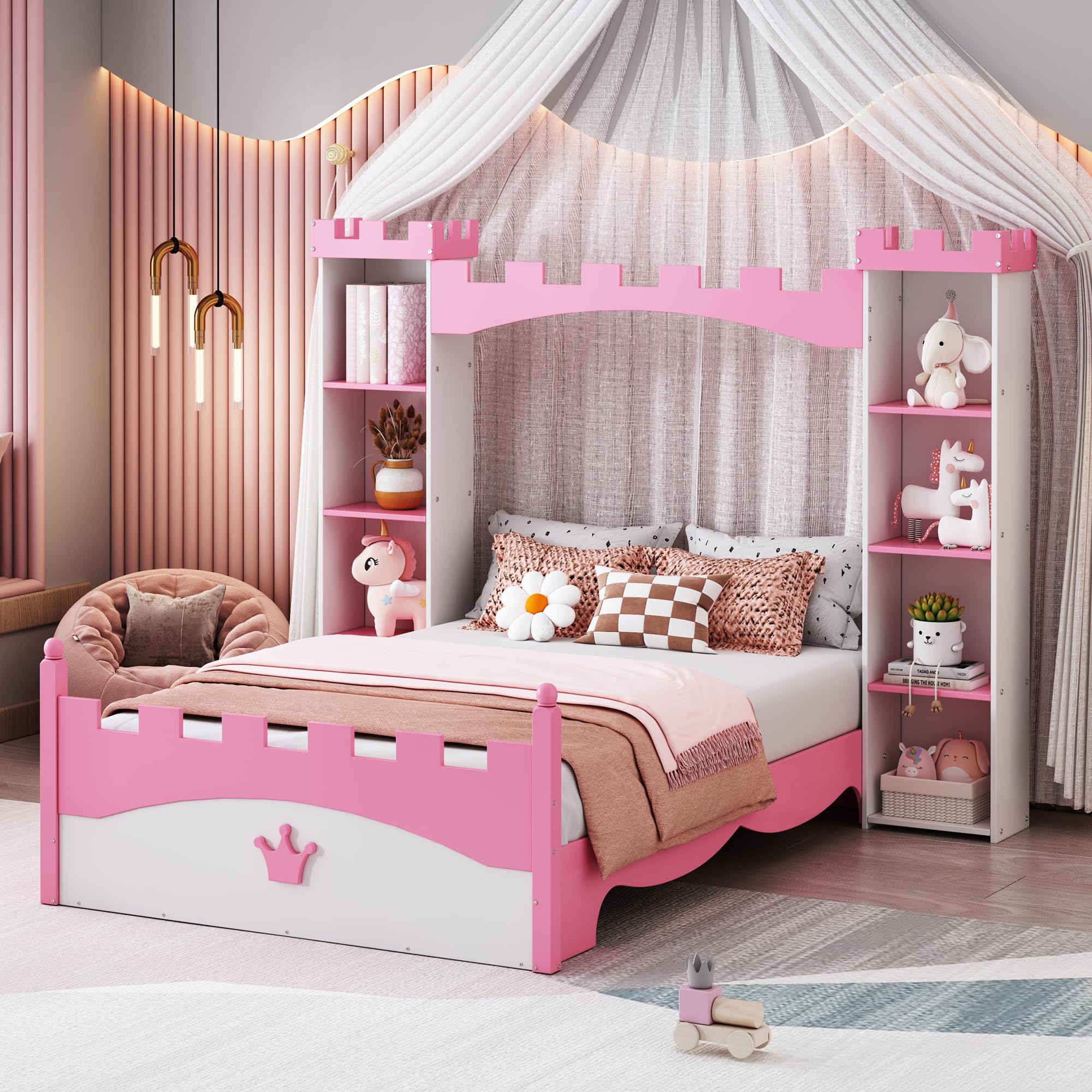 Castle-Shaped Wooden Bed Frame for Boys Girls Kids Adults Toddler with Storage Shelf