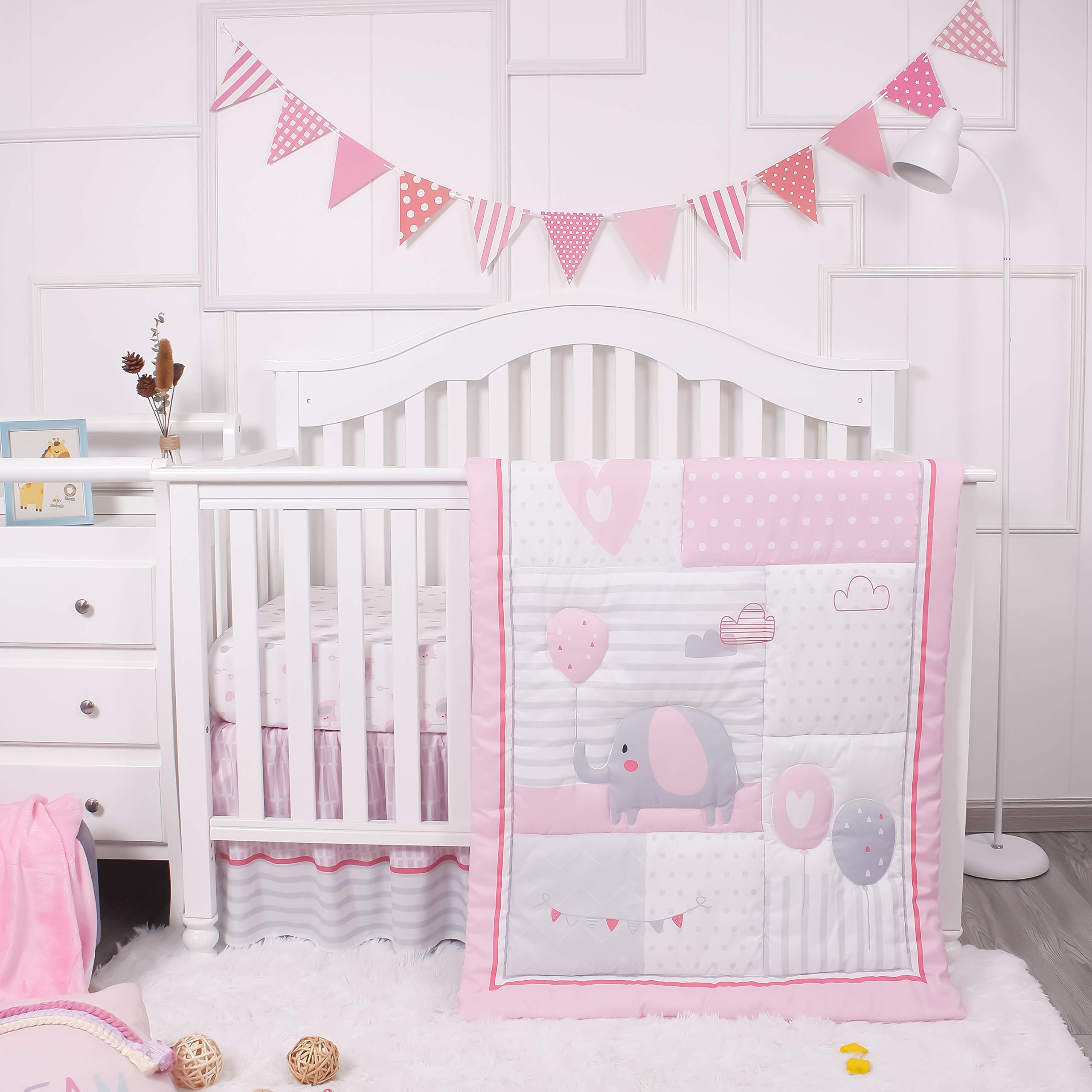 Baby Crib Bedding Set for Girls, Pink Elephant & Love Balloons 3 Piece