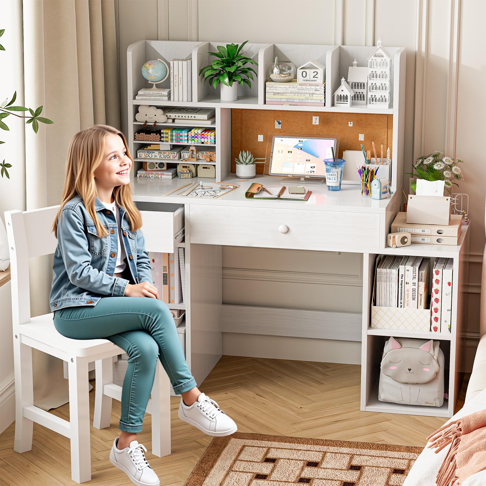 White Wooden Kids Desk and Chair Set, Kids Study Desk