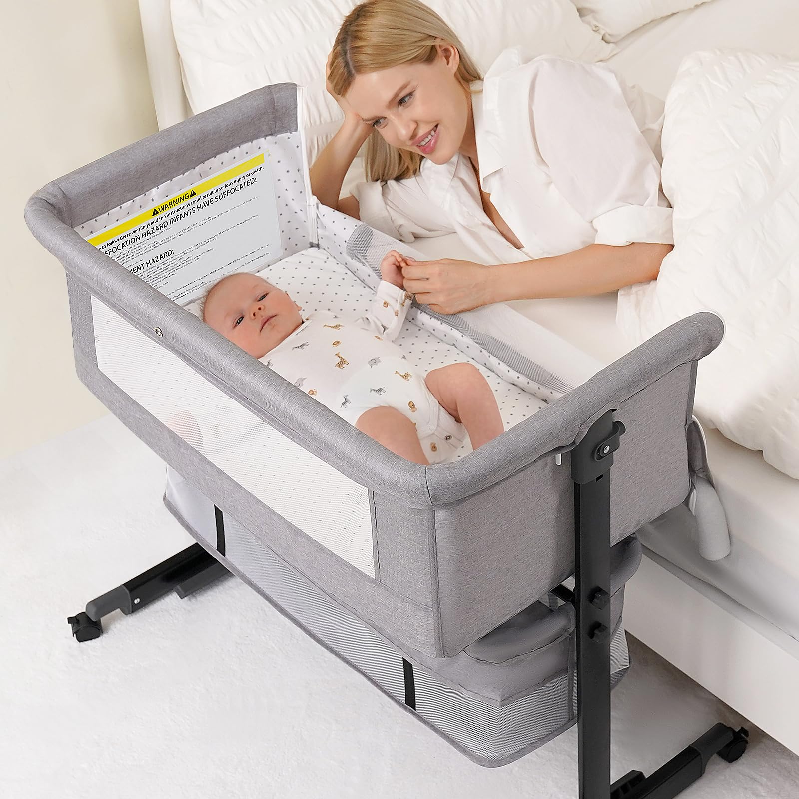 Baby Bassinet, 3 in 1 Bassinets Bedside Sleeper, Adjustable Height Bedside Sleeper