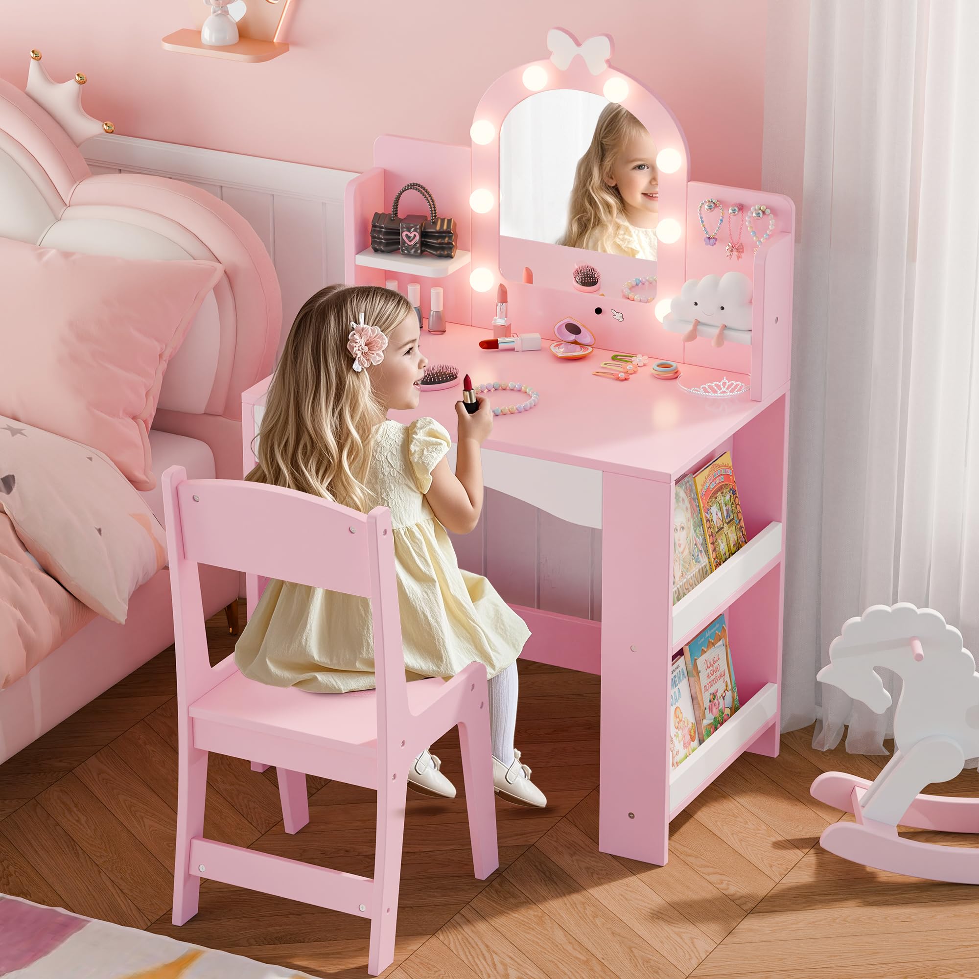 Kids Vanity with Lights, Princess Makeup Vanity Table and Chair Set for Girls