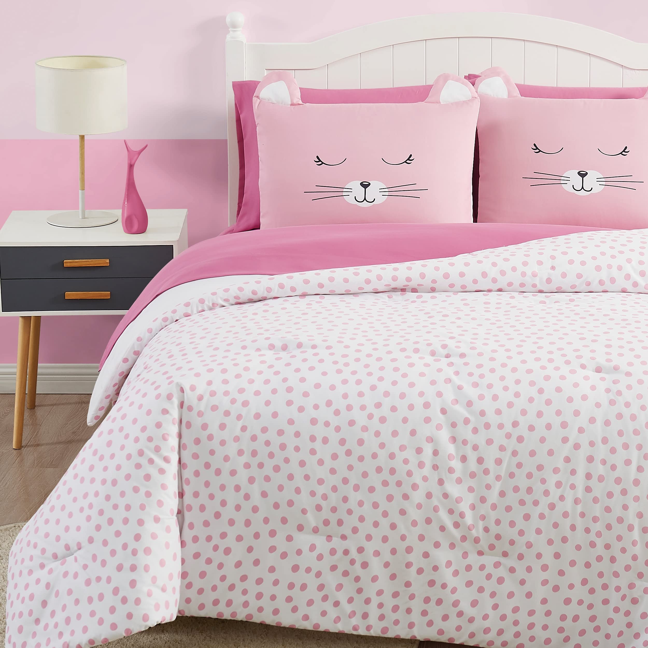 Cat Nap Pink and White Polyester 7-Piece Queen Bed in a Bag
