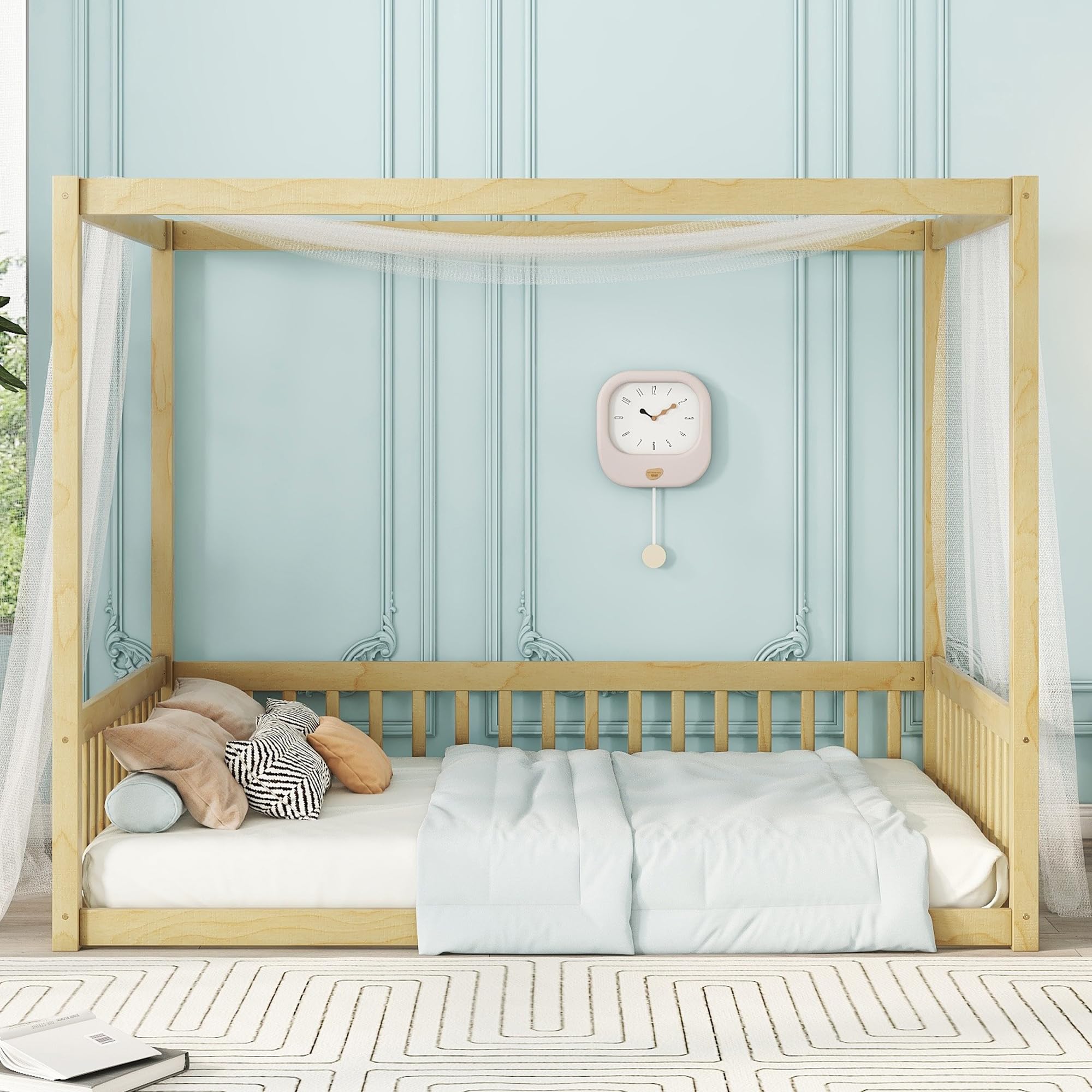 Full Size Canopy Bed Frame with Guardrails for Kids,Floor Bed Full