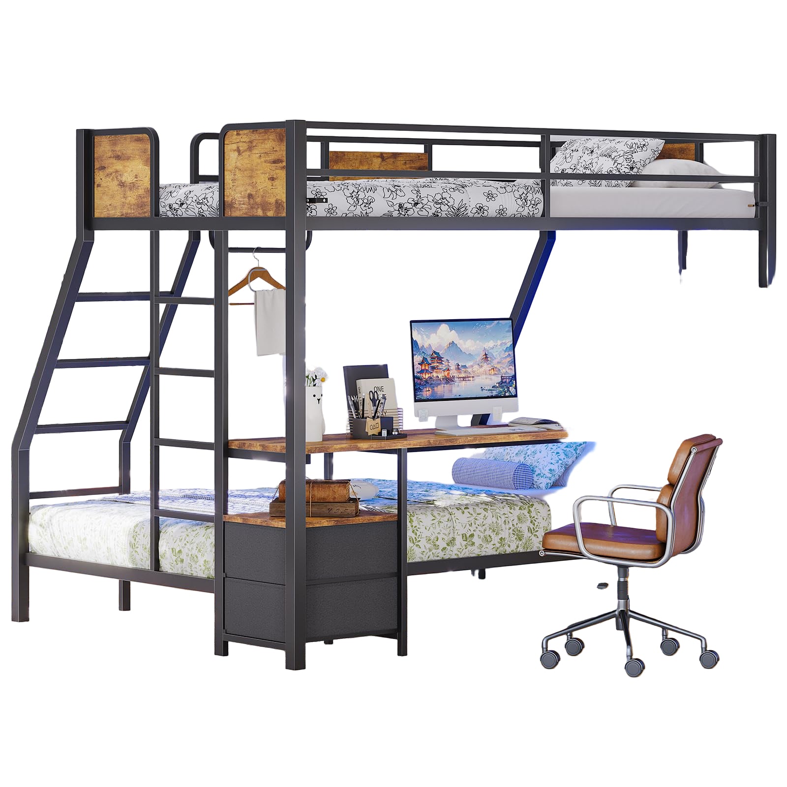 Bunk Bed Twin Over Twin,Bunk beds with 4 Fabric Drawers & 4 Shelves
