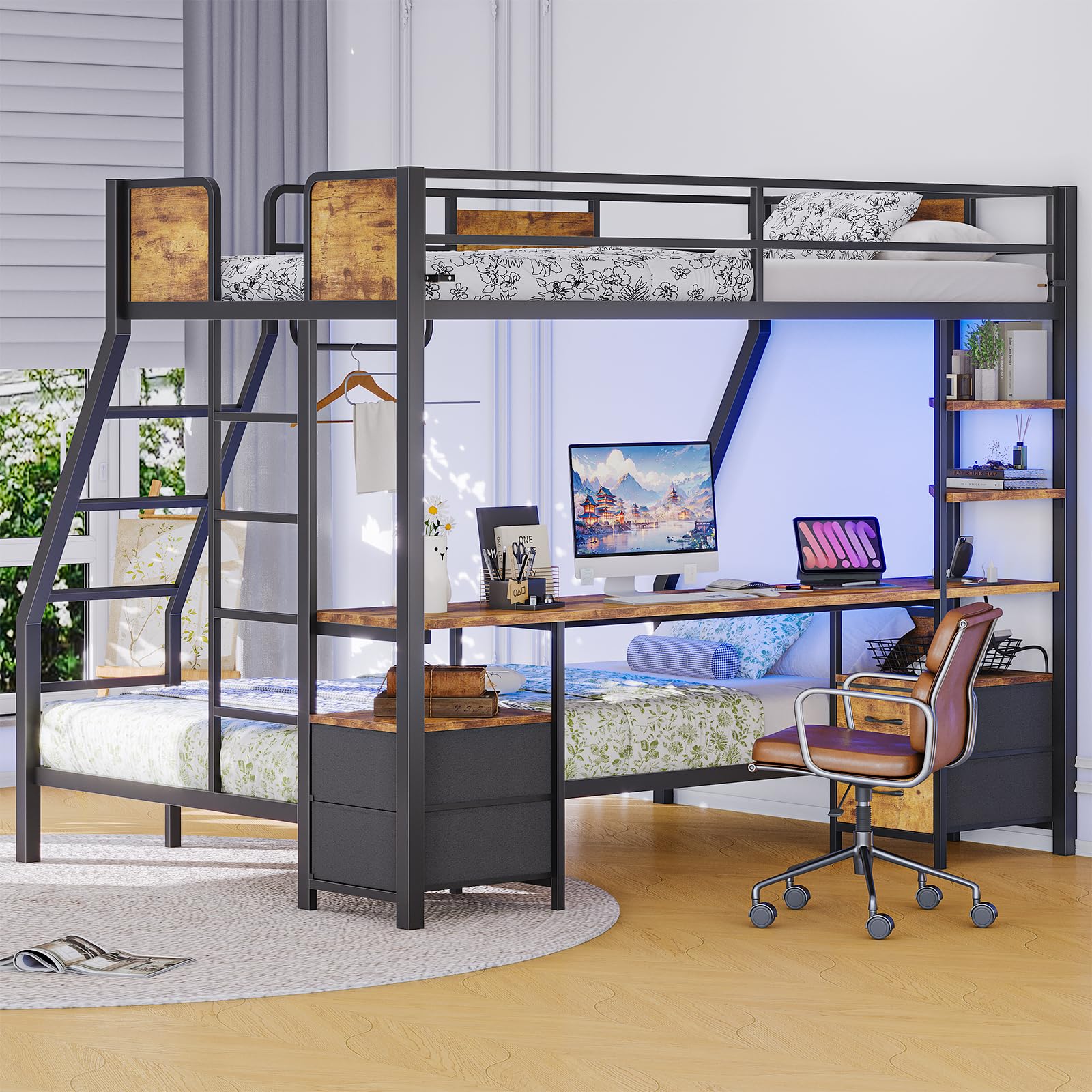 Twin Over Twin Bunk Bed with Desk and Storage