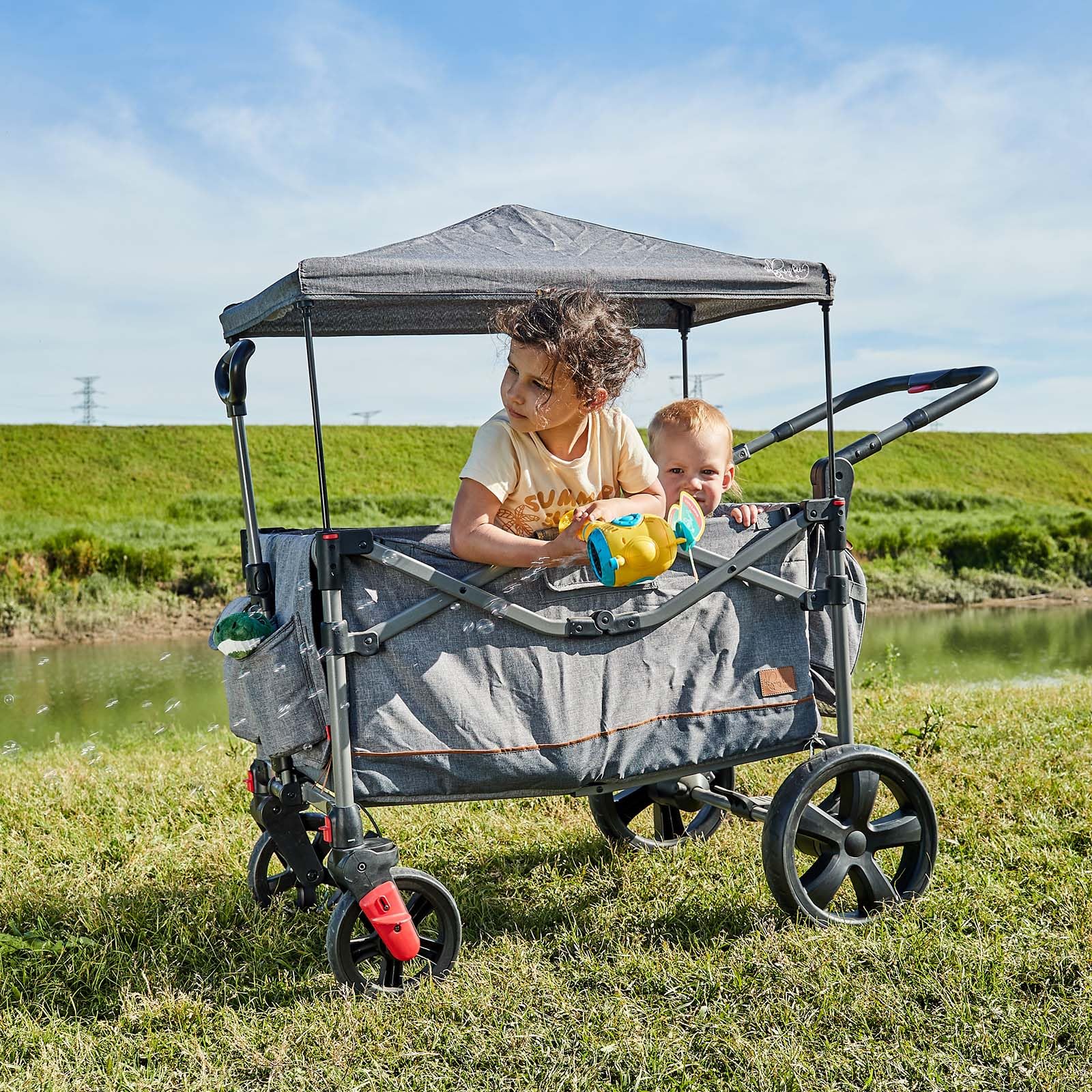 Foldable Wagon Stroller for 2 Kids, Push Pull Collapsible Kids Wagon