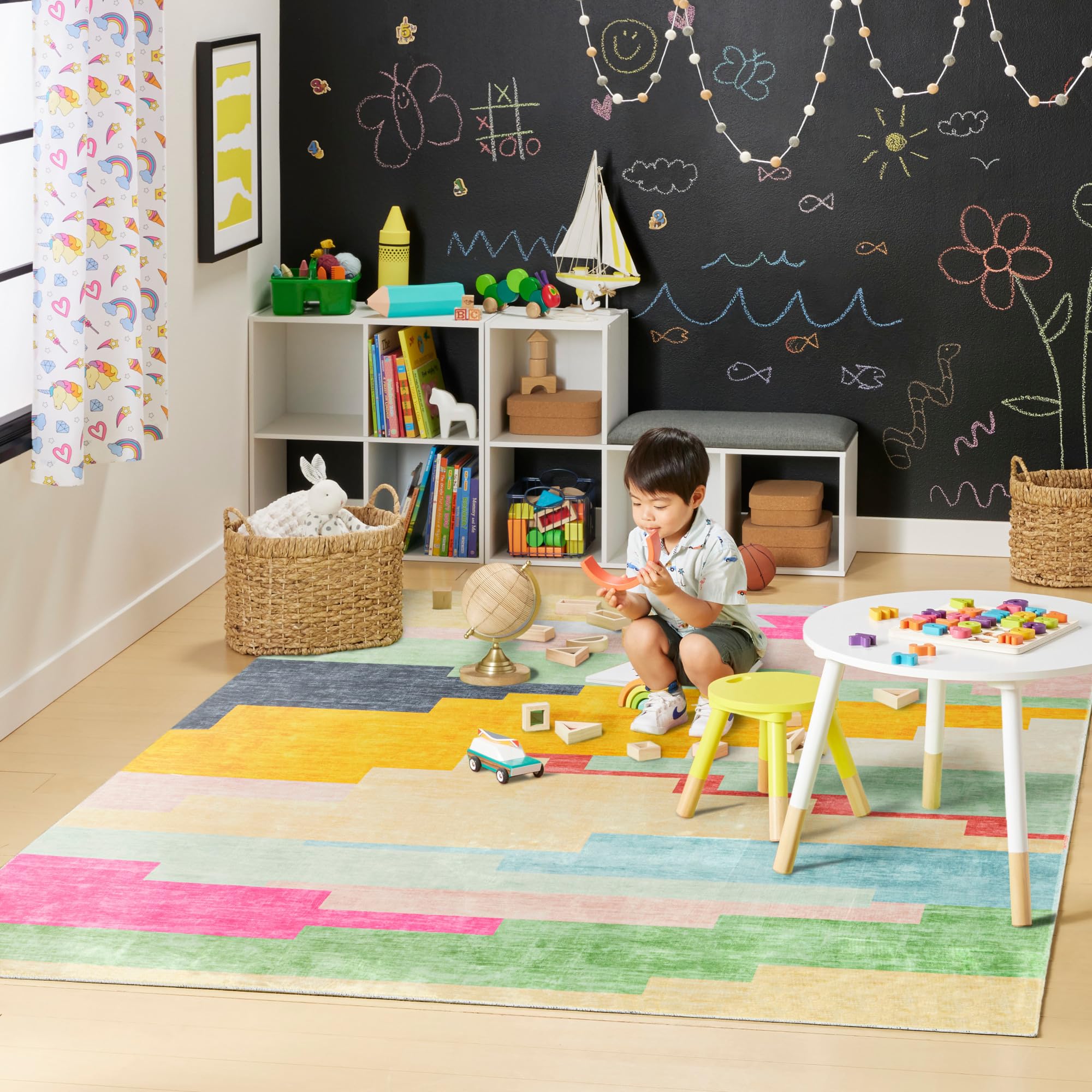 Nara Southwest Pop Kid's Washable Area Rug, Soft & Plush, Safe Non-Slip Backing