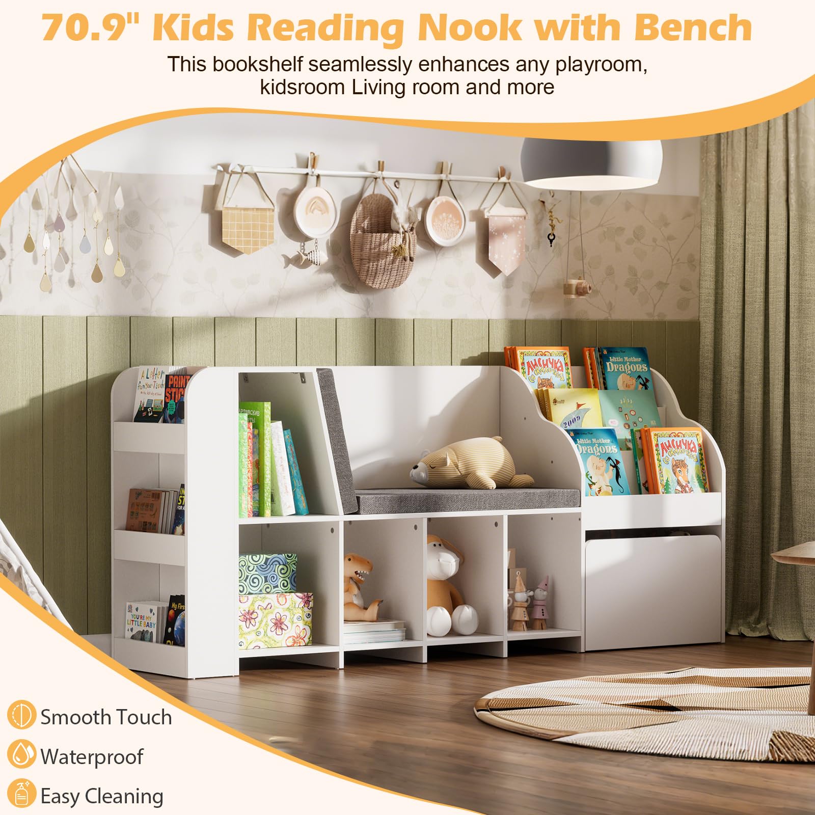 Kids Reading Nook with Storage Bench and Chalkboard