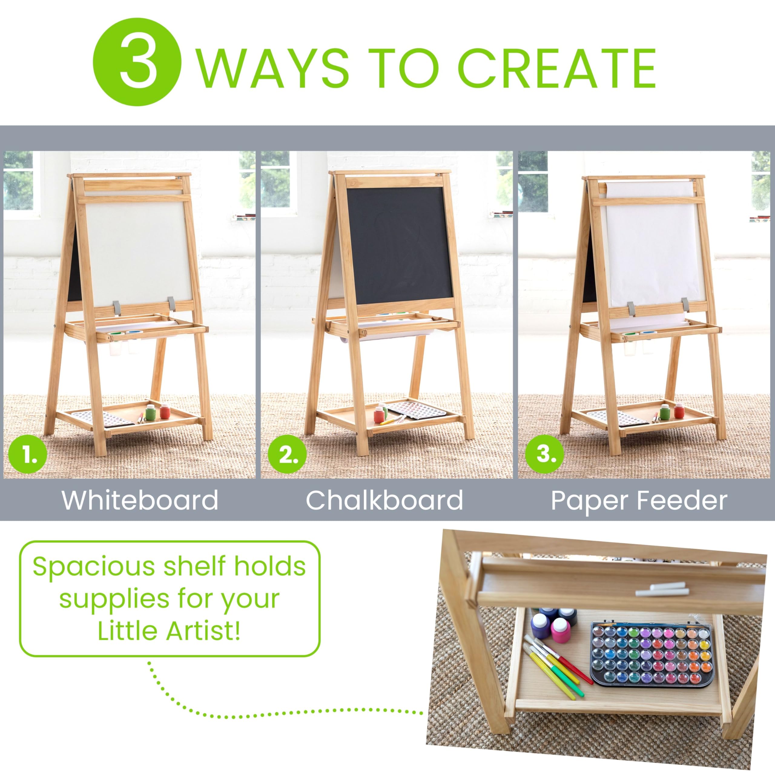 Little Partners Folding EZ Painting Easel for Kids, Dual-Sided Art Easel for Kids Art Station, Folds Flat with Chalkboard, Dry Erase Whiteboard, Paper, Eraser, Paint Cups, Shelf (Natural)