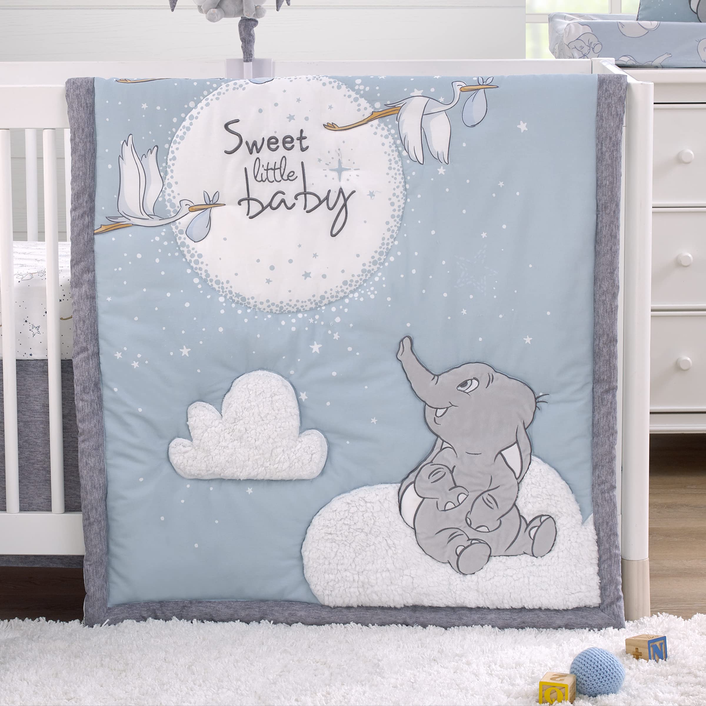 Disney Dumbo Sweet Little Baby Light Blue, Gray, and White Storks, Stars