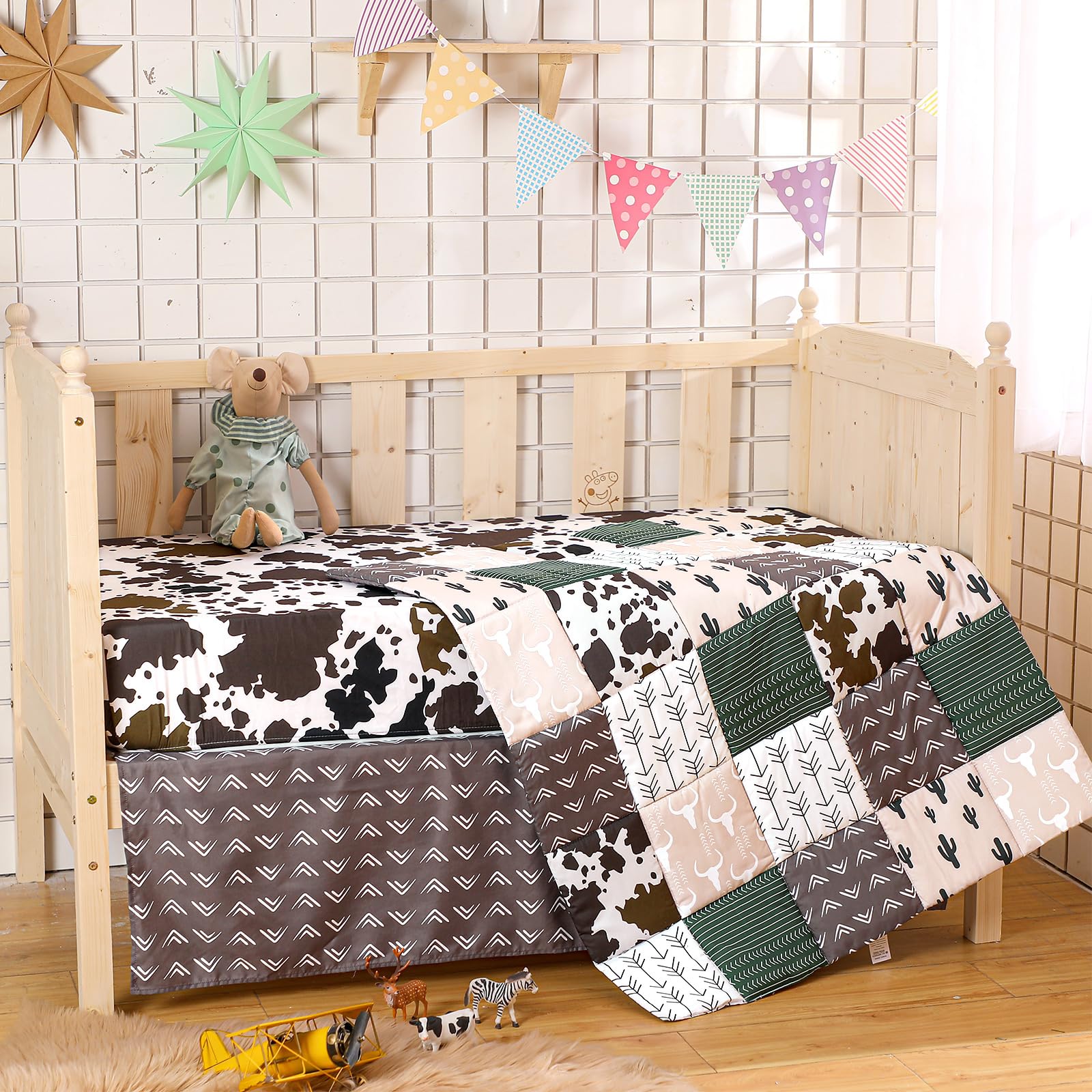 3 Piece Patchwork Western Crib Bedding Set, Neutral Cow Cactus Print Baby Bedding