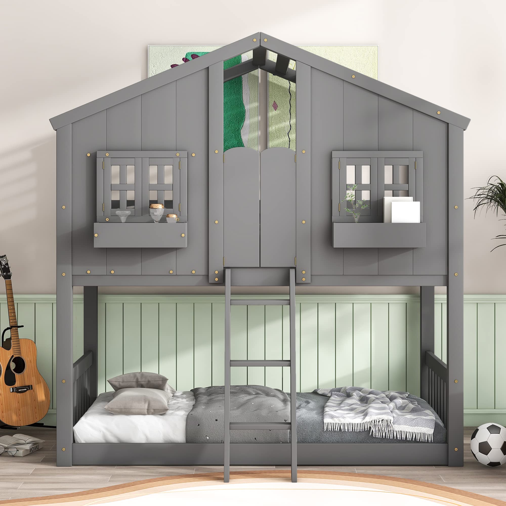 Twin Over Twin House Bunk Bed with Window Door and Roof