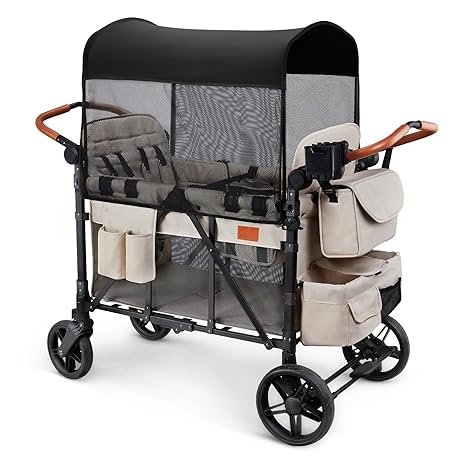 Wagon Stroller for 4 Kids, All-Terrain Wagon for Toddler with Canopy, Parent Organizer
