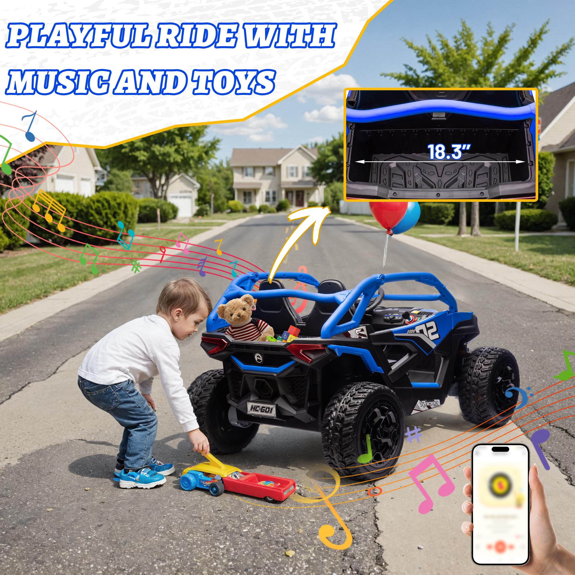 wanan XL 24V Ride on Toys for Big Kids 10AH Real Spacious 2-Seater, 4 x75W Motor 5MPH Ride on Car Kid UTV for Kids 3-8, EVA Tire, Remote Control, Bluetooth Music, 4 Spring Suspension (Blue)