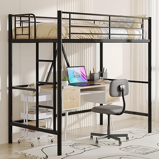Loft Bed Twin Size, Metal Bedframe with Removable Ladder and Safety Guardrail
