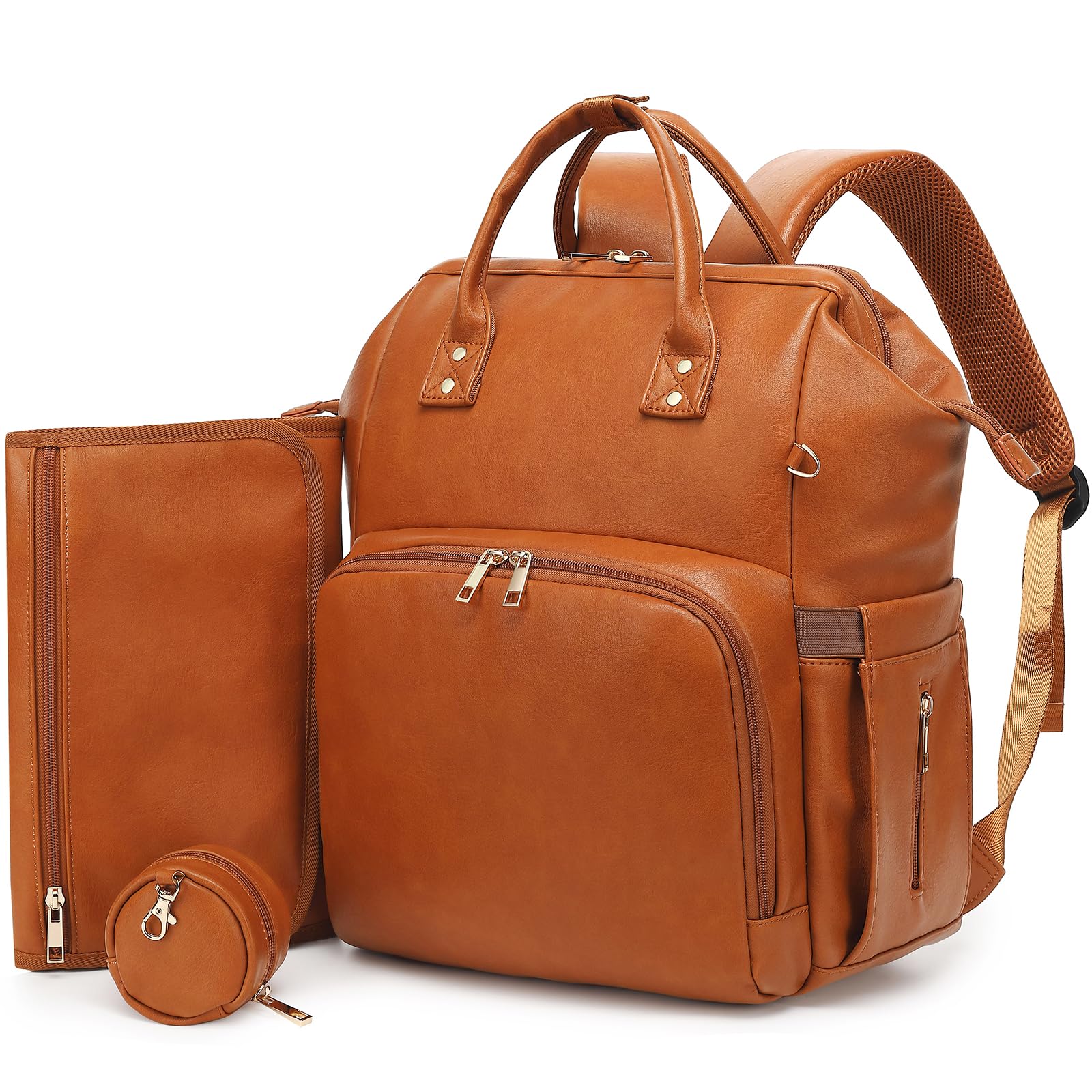 Premium Vegan Leather Diaper Bag Backpack with Waterproof Changing