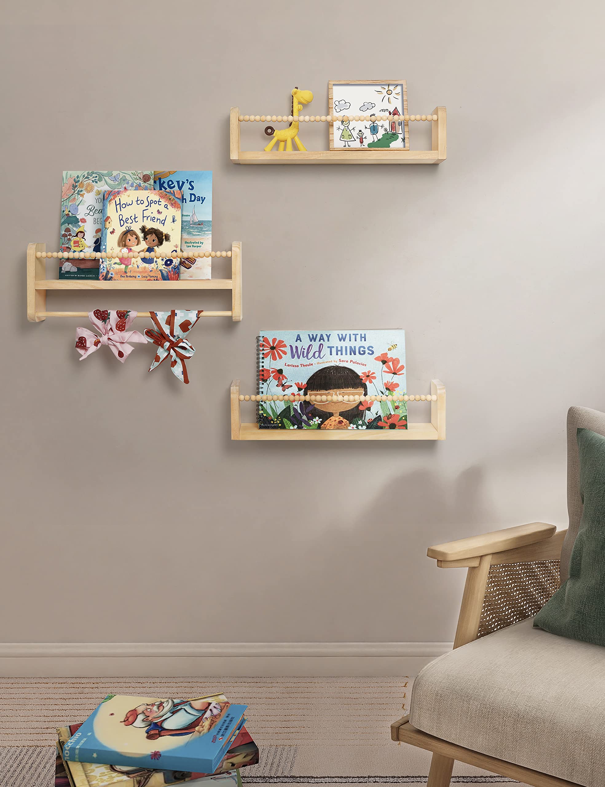 Natural Wood Floating Shelves Set of 3 for Nursery