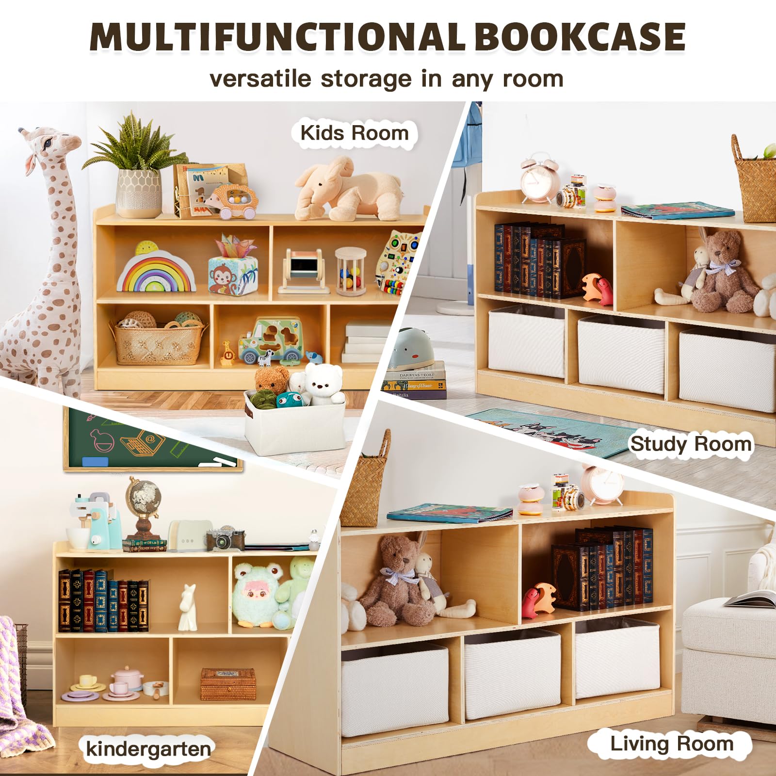 Wooden Toy Storage Organizer with Bookshelf - 5 Section Cabinet for Kids Room