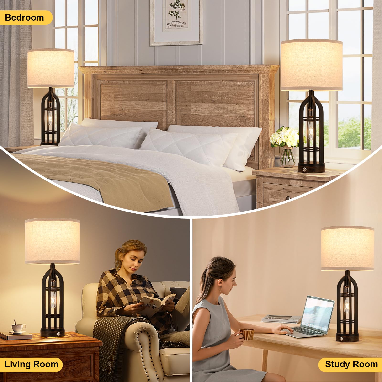 Table Lamps for Living Room Set of 2 - Black Bedside Lamp for Bedroom