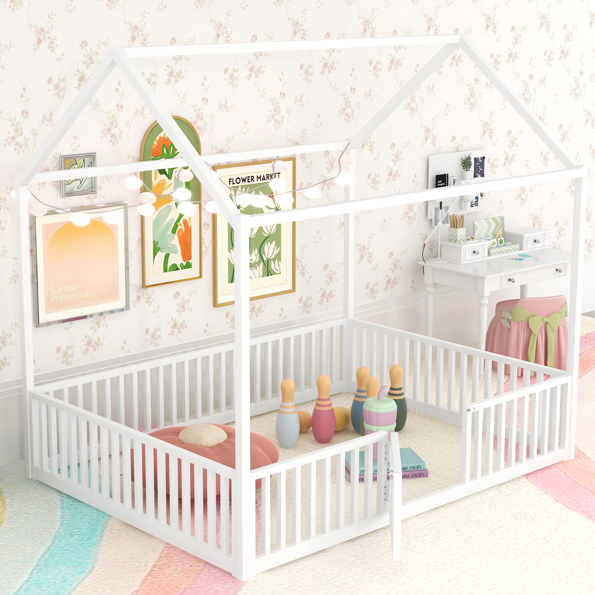 Full Size Floor Bed with Door and Fence, Metal Montessori Bed