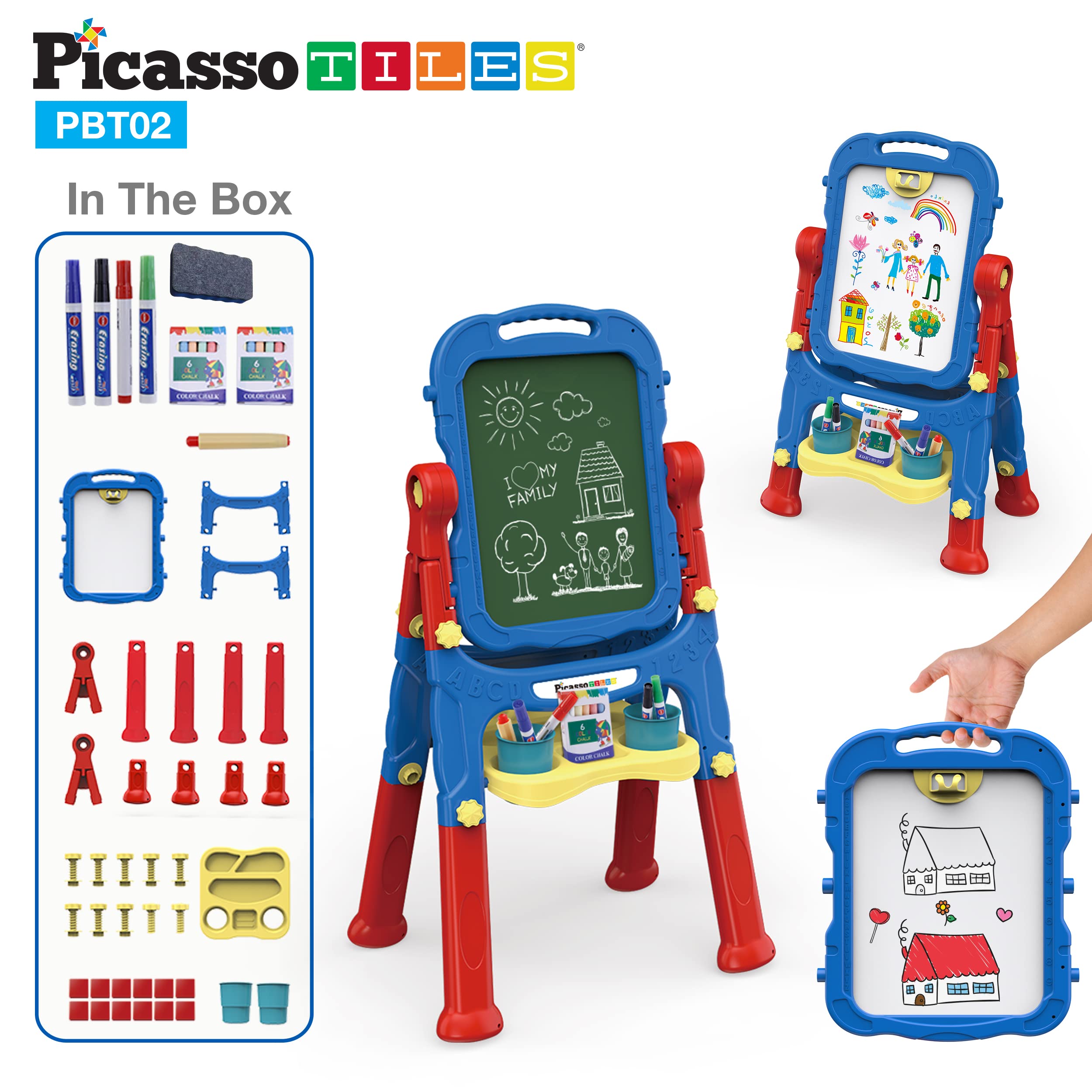 PicassoTiles Kids Art Easel AllinOne Drawing Board Chalkboard Whiteboard with Art Supplies STEM Educational Gift for Toddlers Boys Girls Age 3 to 8 Years Old Creative Learning Tool for Kids PBT02