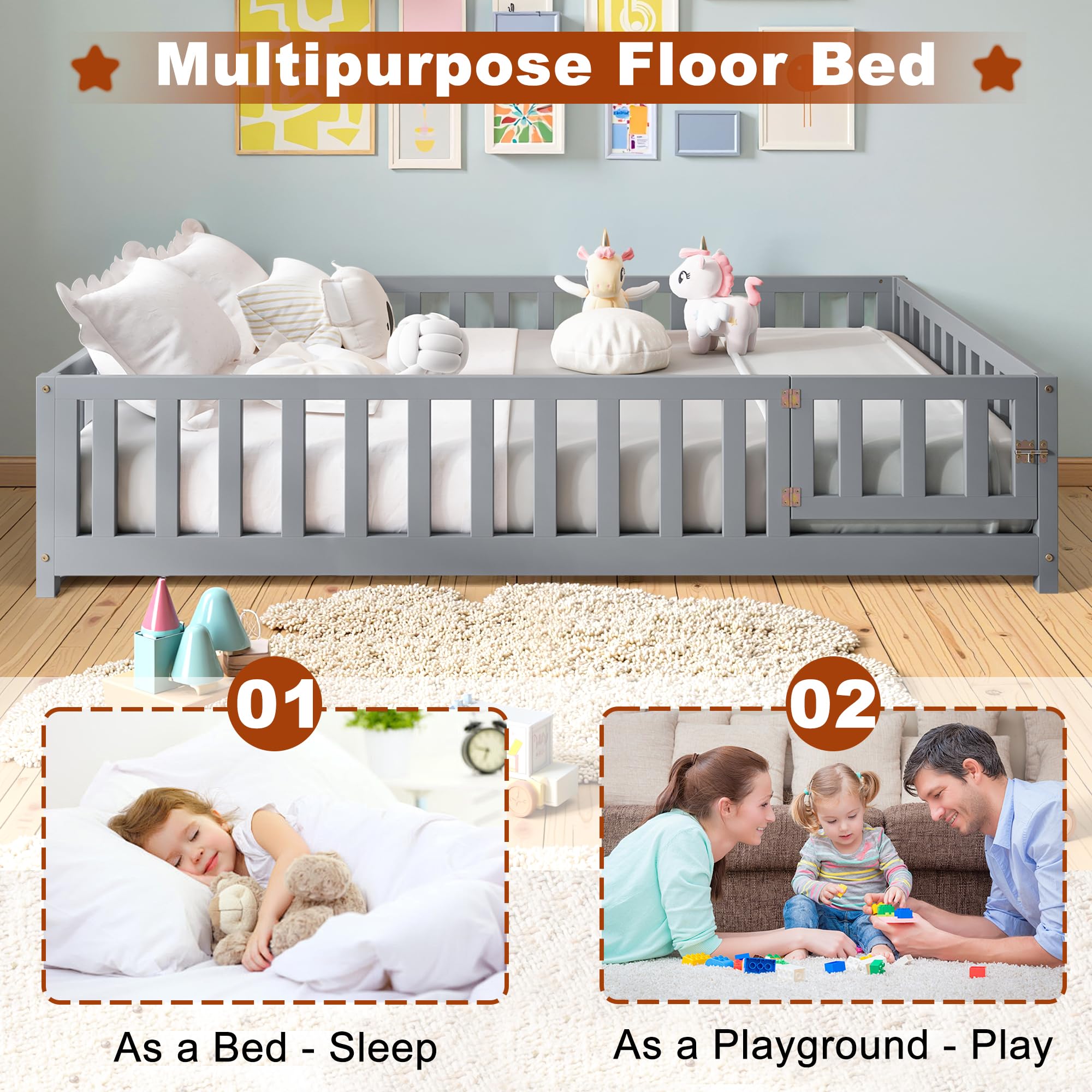 Full Size Floor Bed with High Guardrails and Door