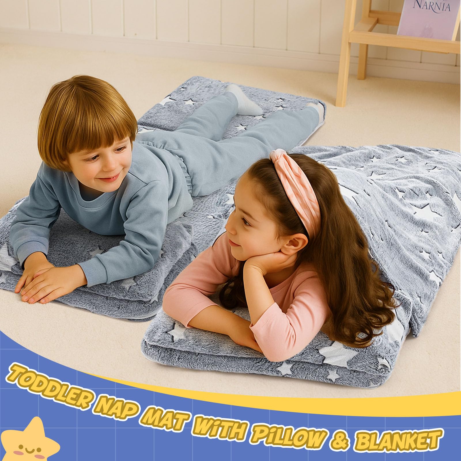 Toddler Nap Mat with Removable Pillow and Blanket