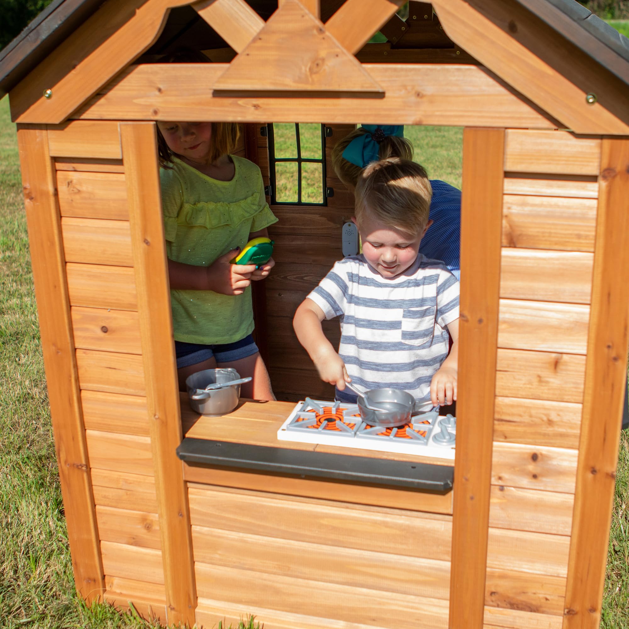 Cedar Wooden Kids Playhouse Cottage with Play Kitchen and Snack Bar