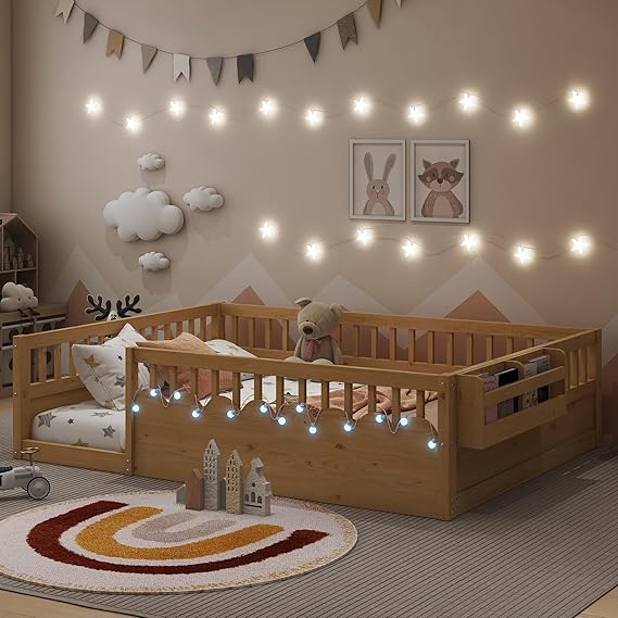 Floor Bed for Kids, Full Size Montessori Beds with High Fence Railings