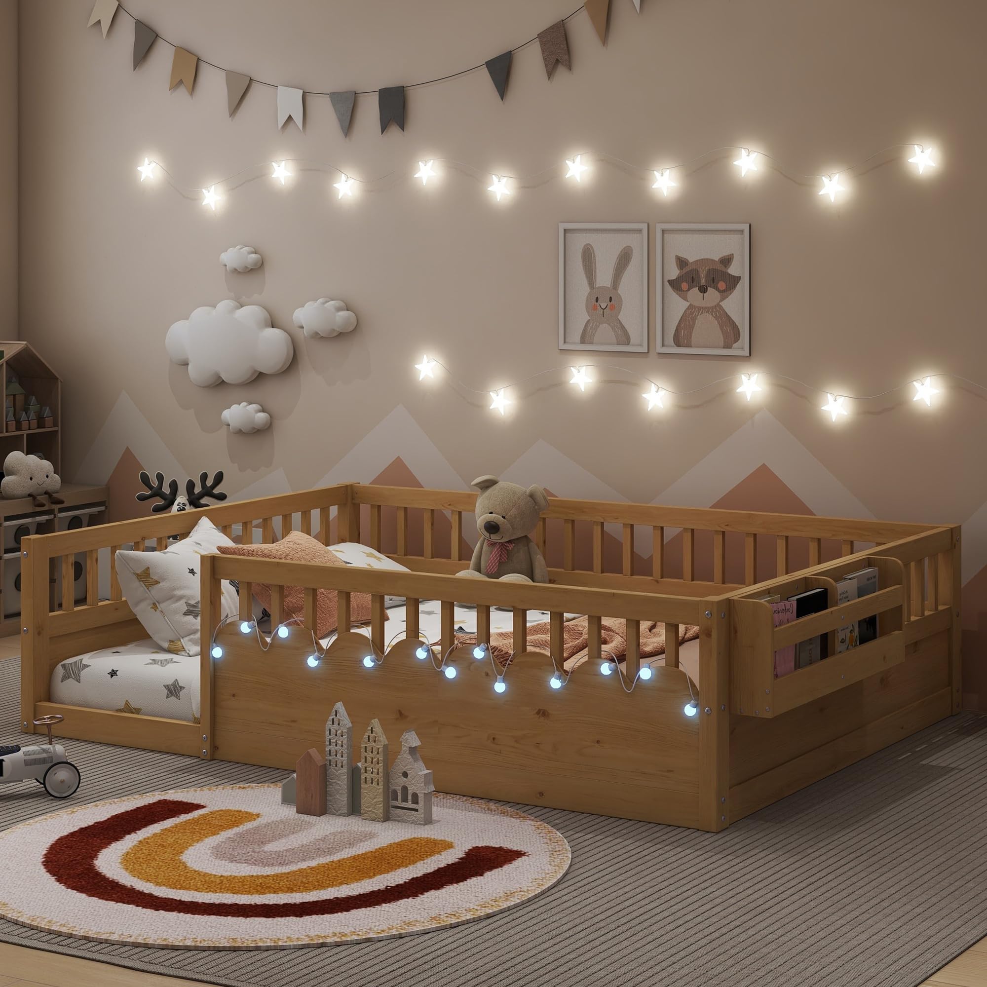 Floor Bed for Kids, Full Size Montessori Beds with High Fence Railings