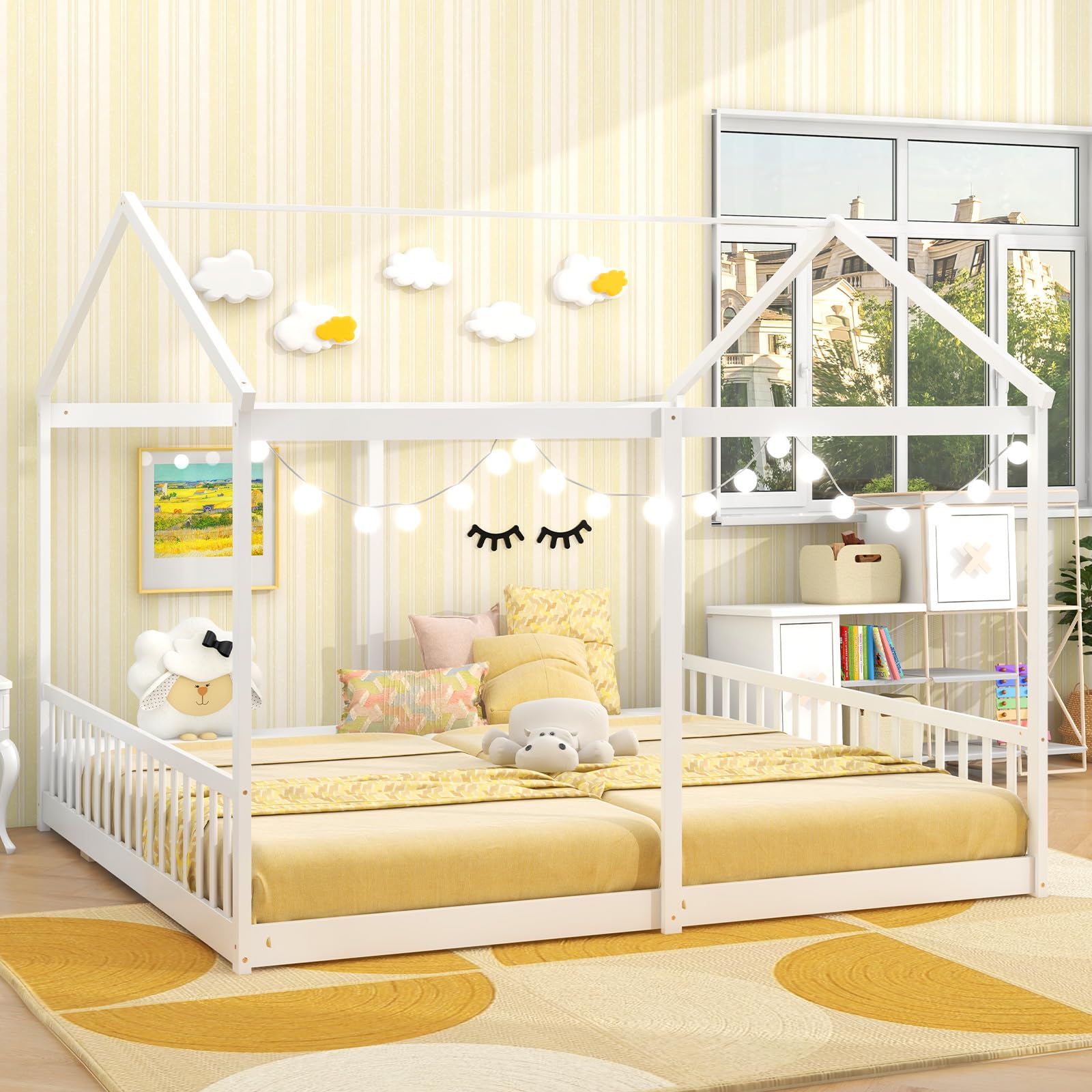 Double Twin Floor Beds for Kids with Fence and Roof