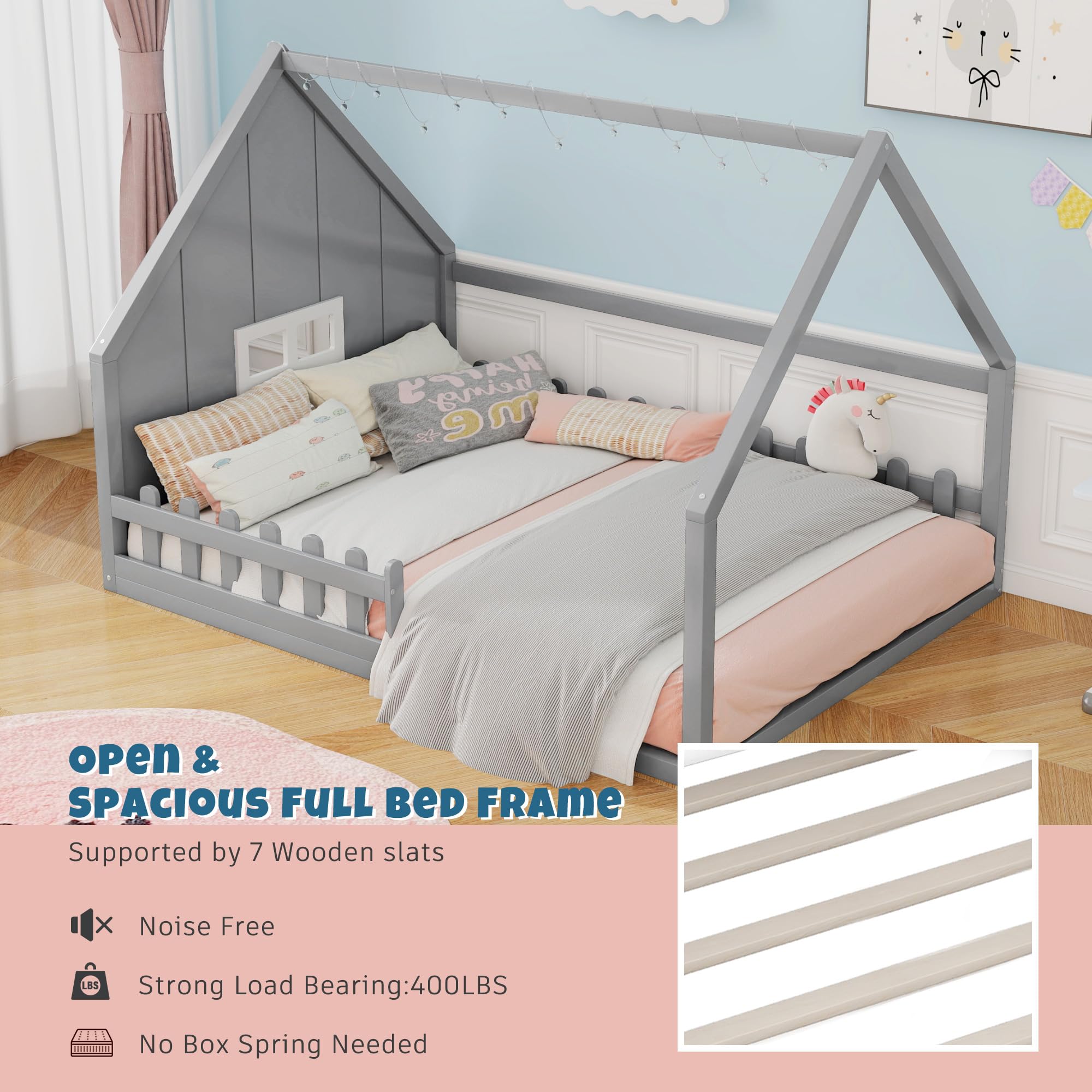 Full Size Montessori House Bed for Kids with LED Light