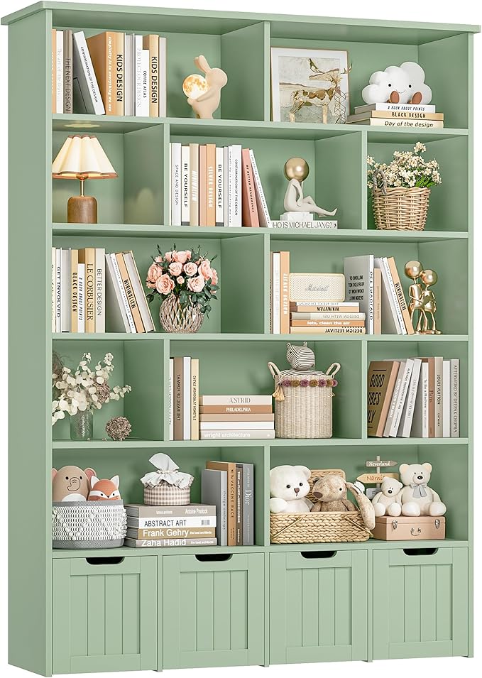 69" H Toy Storage Organizer, 6 Tier Tall Kids Bookshelf with 4 Movable Drawers