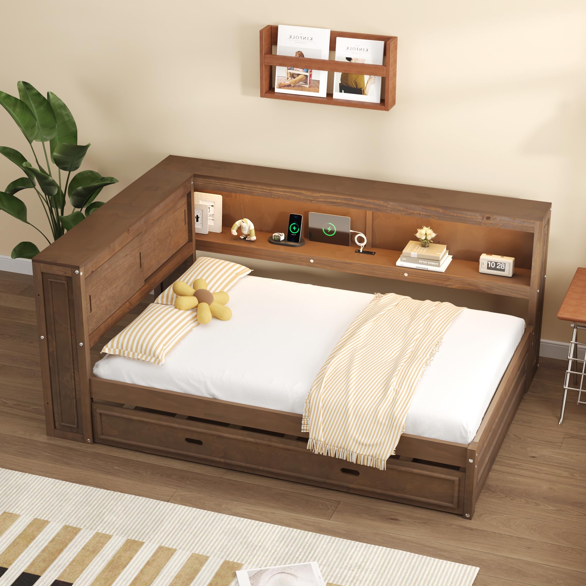 Full Size Wood Daybed with Twin Trundle and Storage Shelves