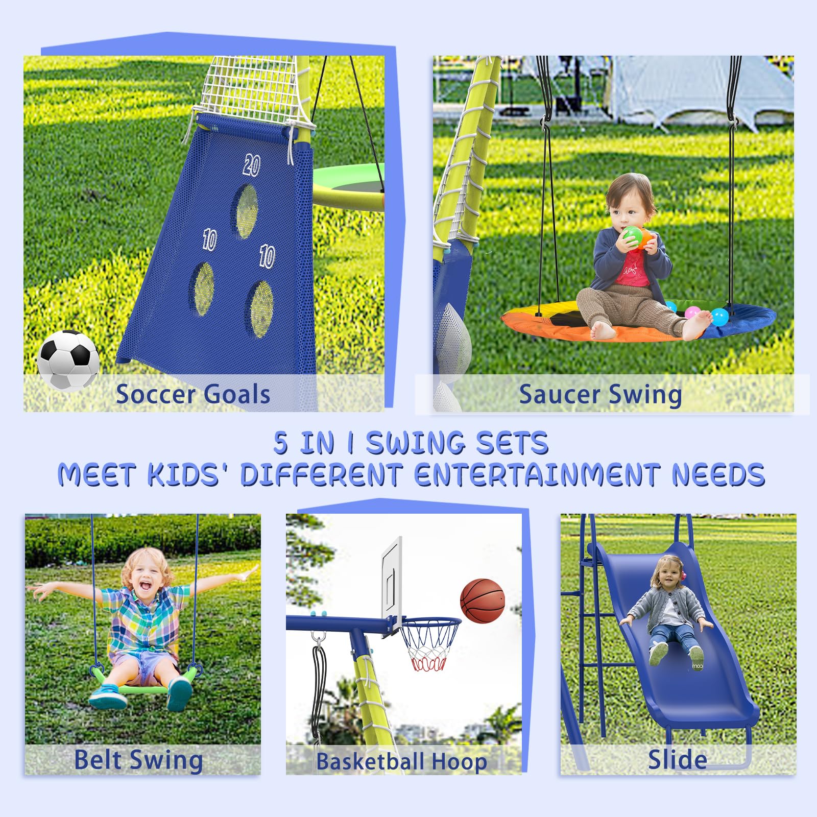 5-in-1 Metal Swing Set with Slide Basketball Hoop Soccer Goal