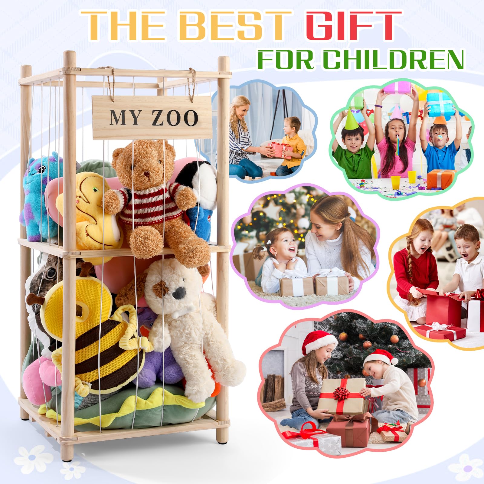 Wooden Stuffed Animal Storage Zoo Organizer with Elastic Cords