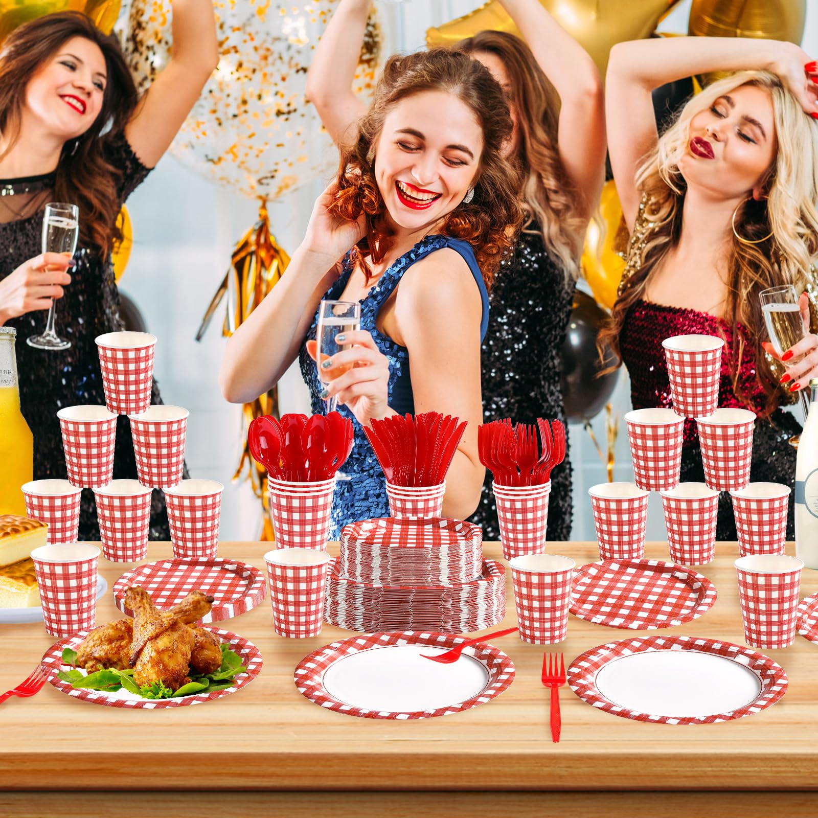 560 Pcs Red and White Gingham Party Decorations Red and White Checkered Buffalo Plaid