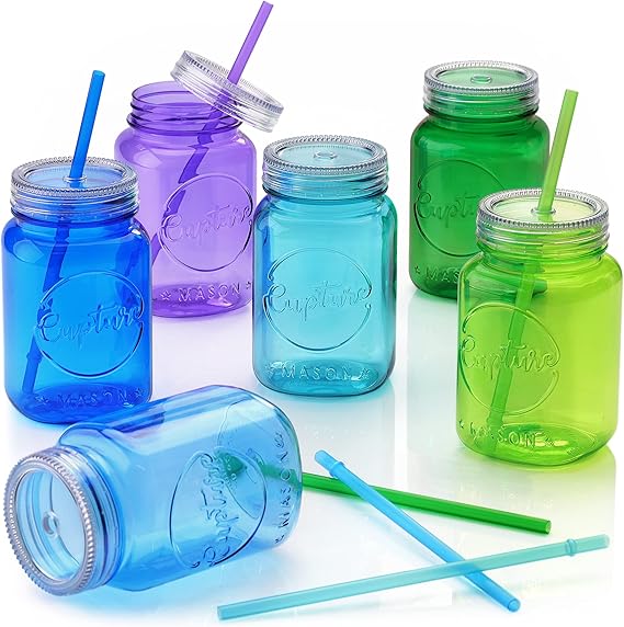 Acrylic Mason Jar Tumbler Mugs with Lids & Straws - 20 oz, 6 Pack (Warm Blossom)