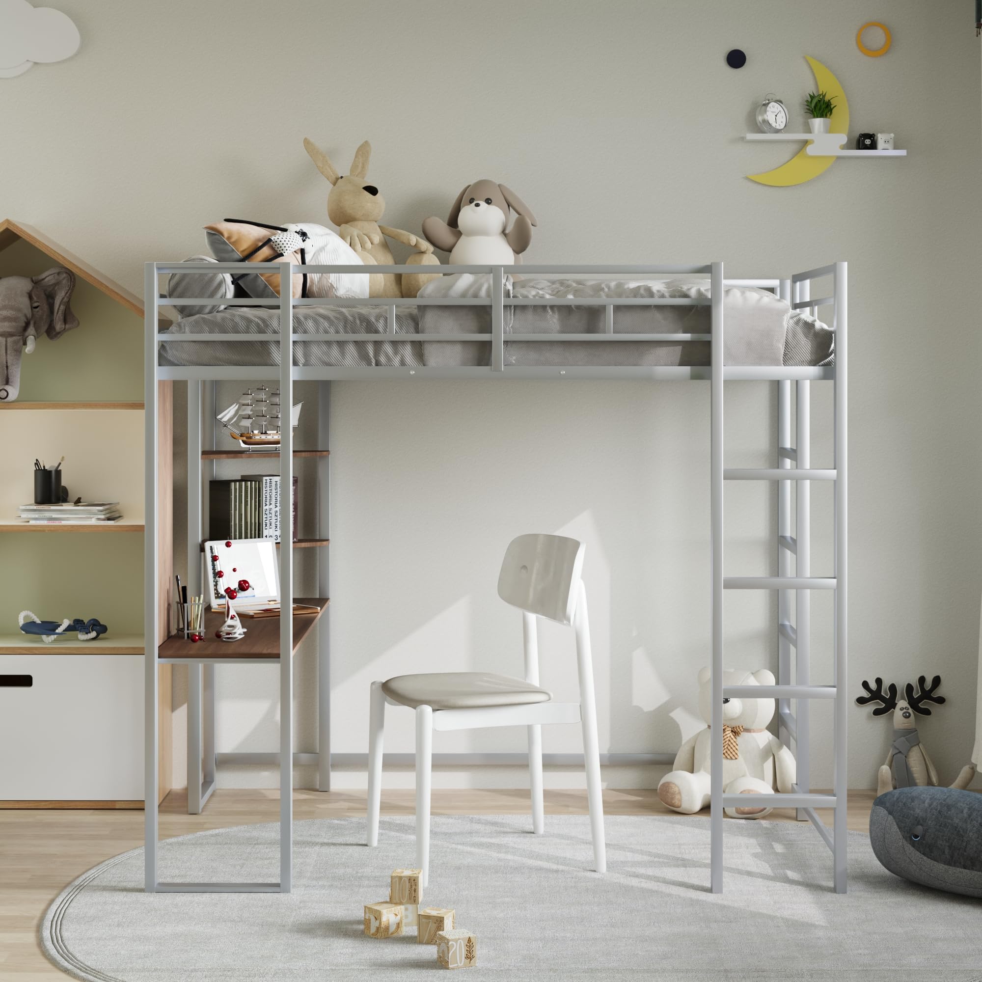 Metal Full Loft Bed with 2 Shelves and one Desk,Full Loft Bed,Easy Assembly