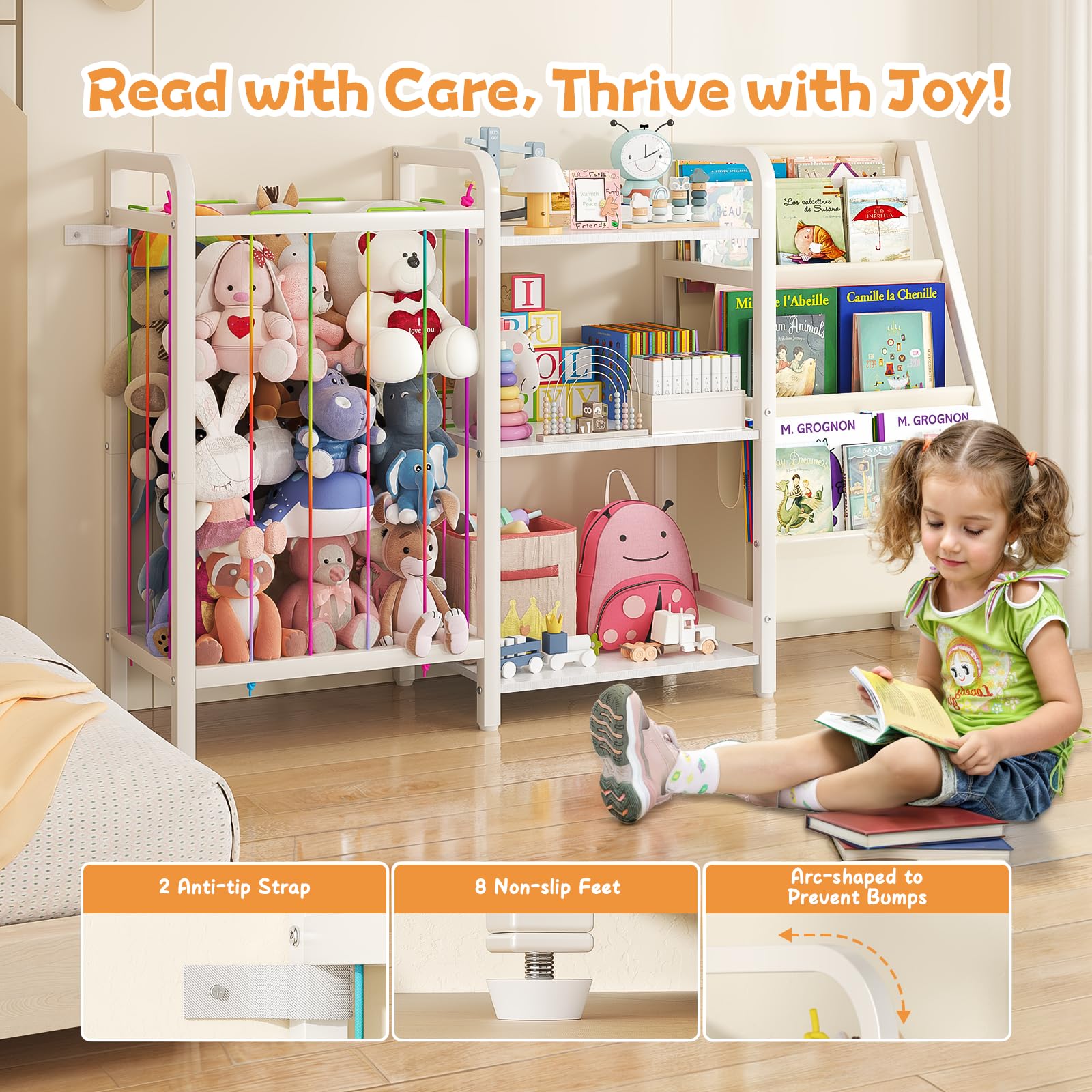 Kids Bookshelf and Toy Storage Organizer with Stuffed Animal Holder